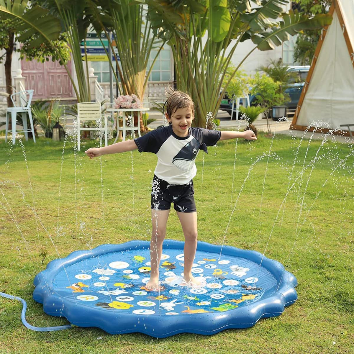 Proberos 66.9'' Kids Splash Pad for Fun Water Splash Pad for Kids Summer Outdoor Toy Water Pad with Water Inlet Nozzle Water Toy in Garden, Yard, Lawn