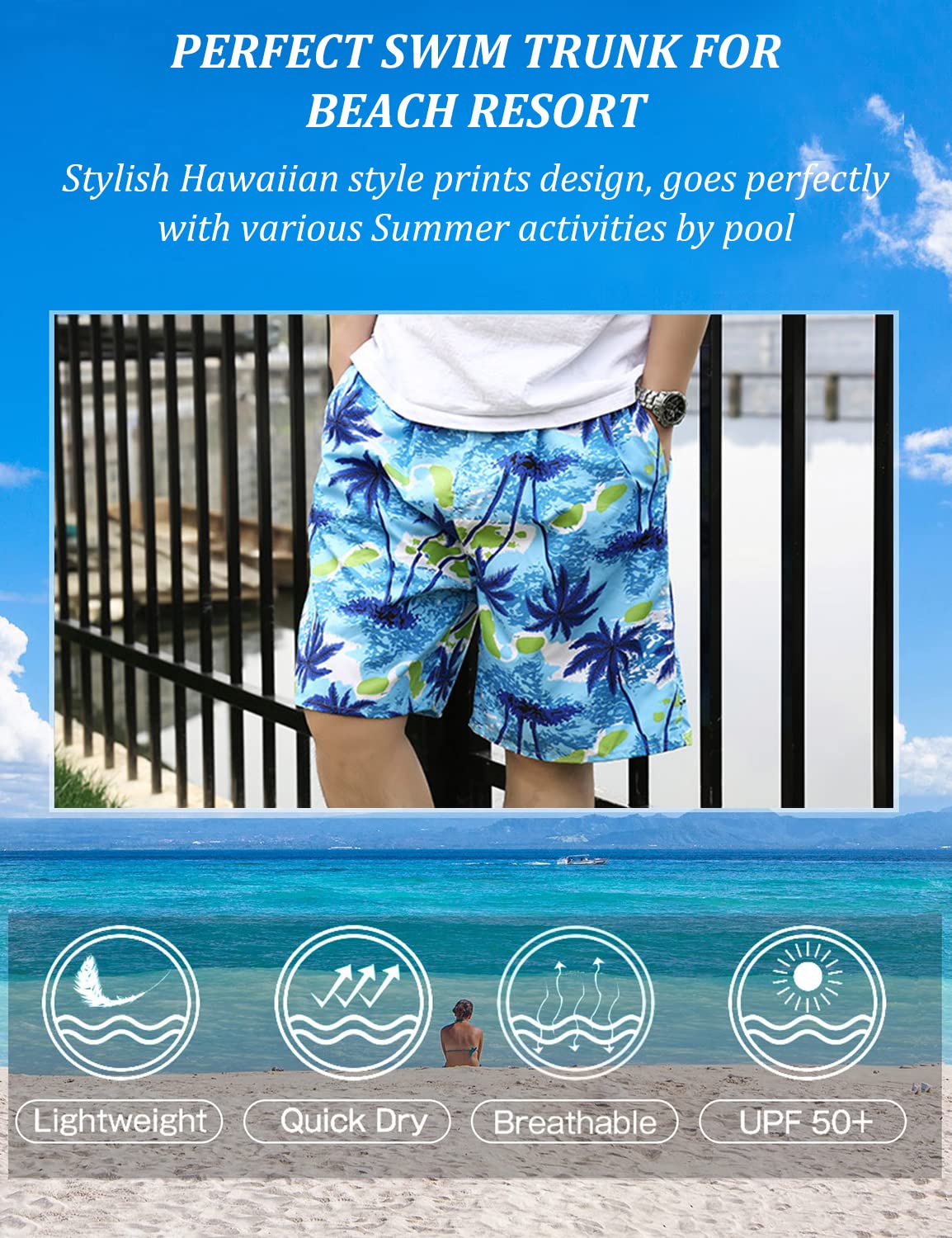 GUSTAVE Swimming Trunk for Men Beach Board Shorts Swimwear, Quick Dry Bathing Suits Holiday Shorts, Coconut Tree Print Men's Swim Trunks - Elastic Drawstring Closure Blue