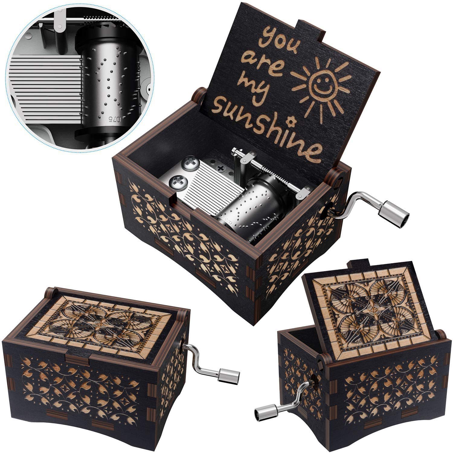 PATPAT You are My Sunshine Wood Music Boxes,Laser Engraved Vintage Wooden Sunshine Musical Box,Wooden Classic Music Box Crafts with Hand Crank (Wooden-Black)