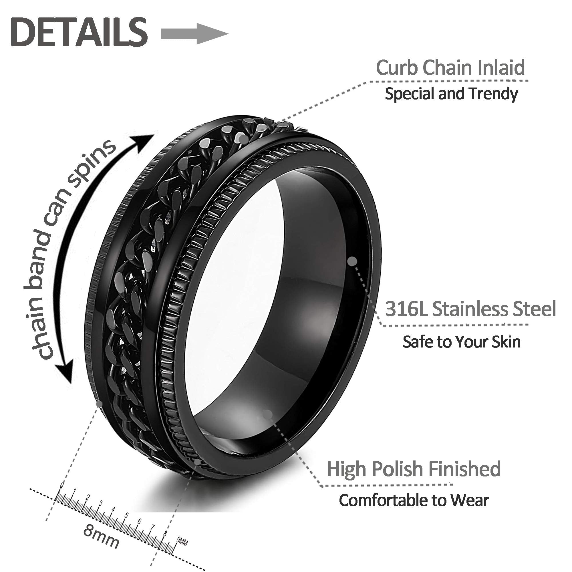 ZIBUYU Finger Ring for Men Stylish Cuban Chain Ring Boys Stainless Steel Plating Ring Fidget Index Middle Finger Ring for Women and Men Jewelry Gift Rings Size (19mm) - Black