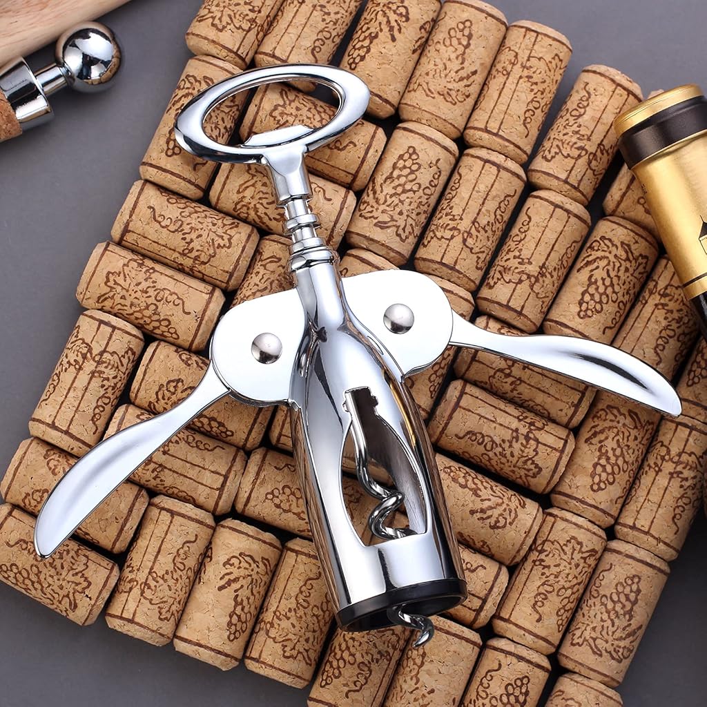 HASTHIP 4 PCS Wine Opener Stainless Steel Corkscrew Set with Vacuum Wine Stopper, Wine Foil Cutter, Wine Aaerator Pourer Wine Corkscrew Supplies Set for Kitchen Restaurant Bars Gifts for Wine Lover