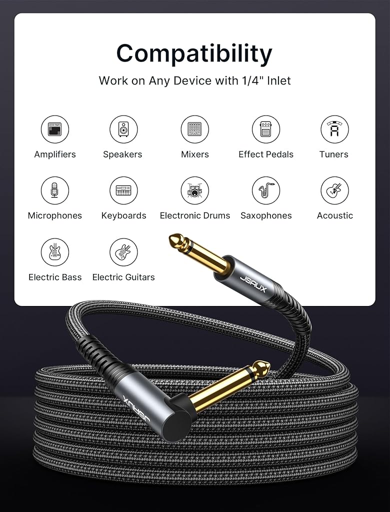JSAUX® 9.8ft 6.35mm to Audio Cable 3M Right Angle Connection Durable Nylon Braided Pure Sound Compatible With Amps Electric Bass Guitars Speakers Keyboards Mixers Grey 3PCS