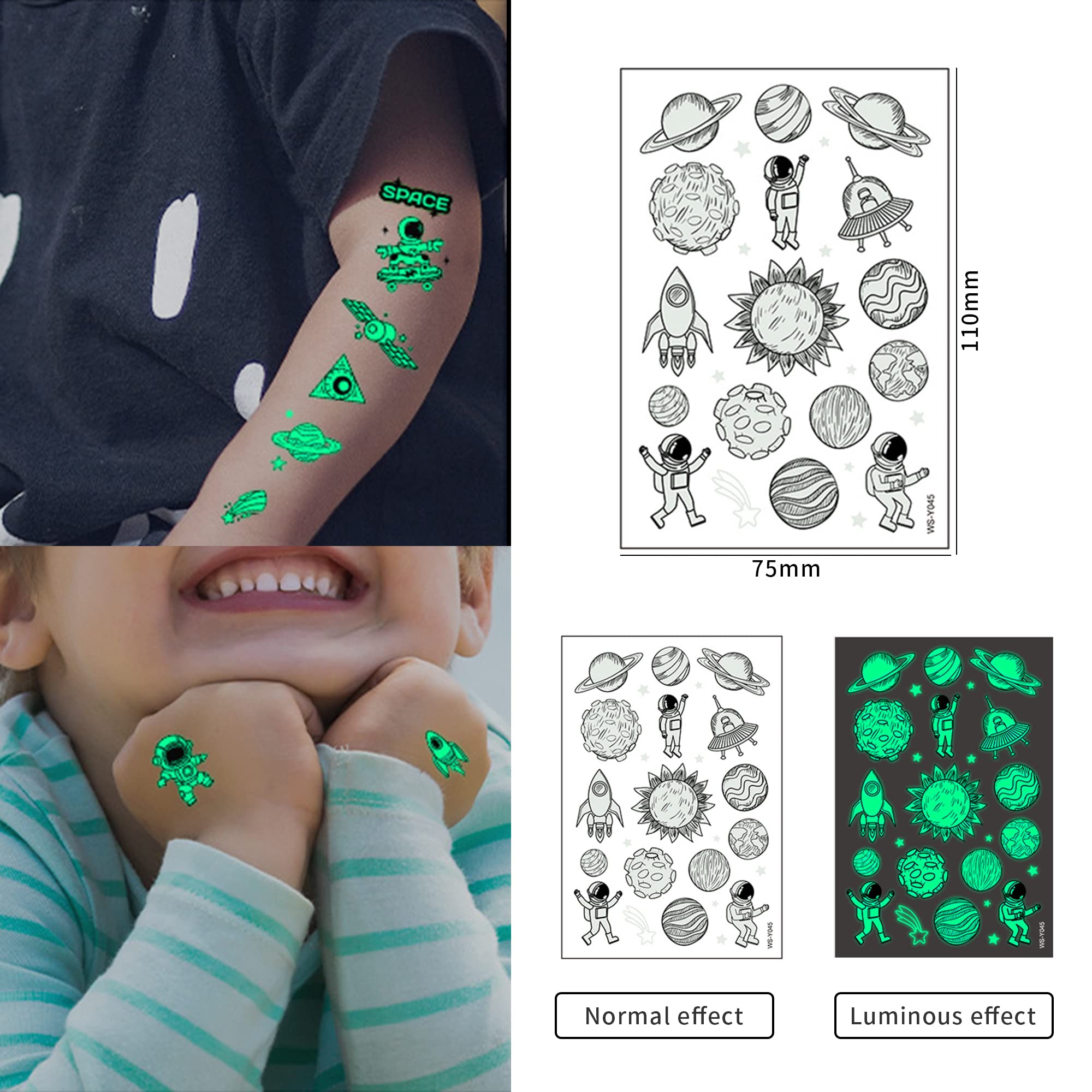 MAYCREATE 10 Sheets Waterproof Cartoon Temporary Tattoo Sticker Night Glow Sticker, Outer Space Astronaut Theme Cartoon Sticker for Boys Girls Party Sticker Party Supplies