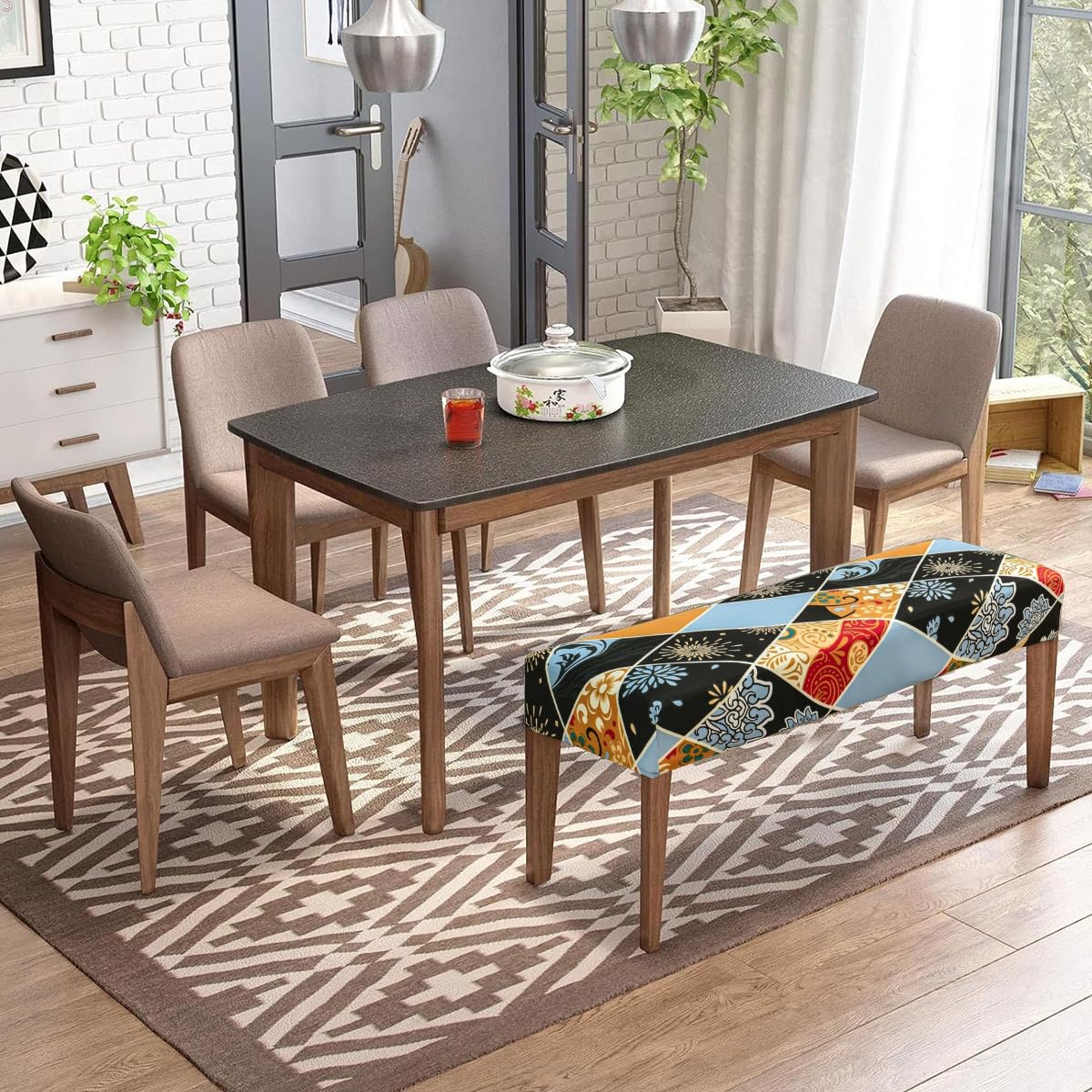 HASTHIP Stretchy Bench Seat Cover Anti-scratch Dacron Cover for Living Room Bench Floral Print Bench Cover Leather Bench Seat Protector Cover for Piano Bench, Entryway Bench Anti-Dust Removable Bench