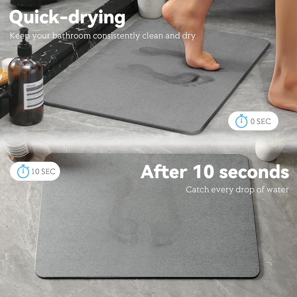 HASTHIP® Bath Mat,Quick Dry Absorbent Floor Mat Anti-slip Diatomaceous Earth Bath Shower Bathtub with Clear Double Sided Anti-skid,15.75x11.8 inches Grey