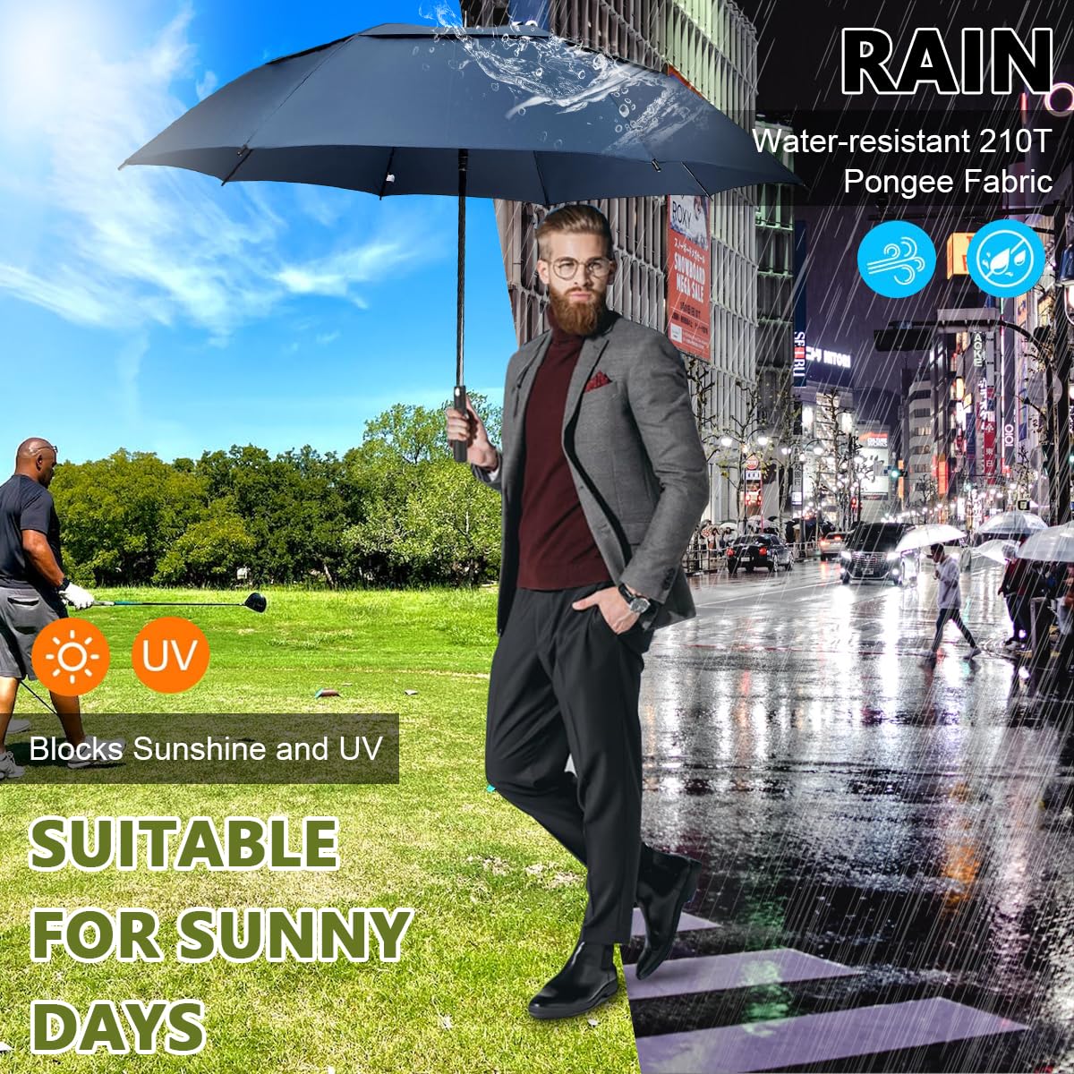 PALAY 52Inch Big Umbrella for Men, Auto Open Large Golf Umbrella Windproof, Oversize Rain Umbrella with Cover for Aldult Men, Windproof Waterproof Umbrella for Commuting, Travel (Blue)