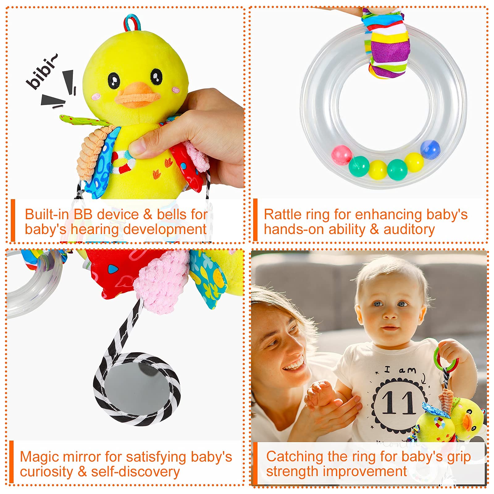 SNOWIE SOFT Baby Car Toys Stroller Plush Toy Yellow Duck Stuffed Hanging Rattle Toys Newborn Crib Bed Around Toy with Teether Rattle Sound for 0-3 Years Old