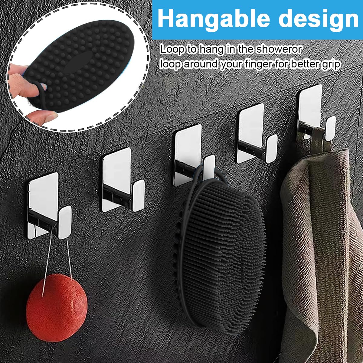 MAYCREATE Silicone Body Scrubber, Silicone Loofah Shower Body Scrubber with Handle, 2 in 1 Body Exfoliator Scrubber Body Scrub Bath Scalp Massager Shampoo Brush for All Kinds of Skin, Black