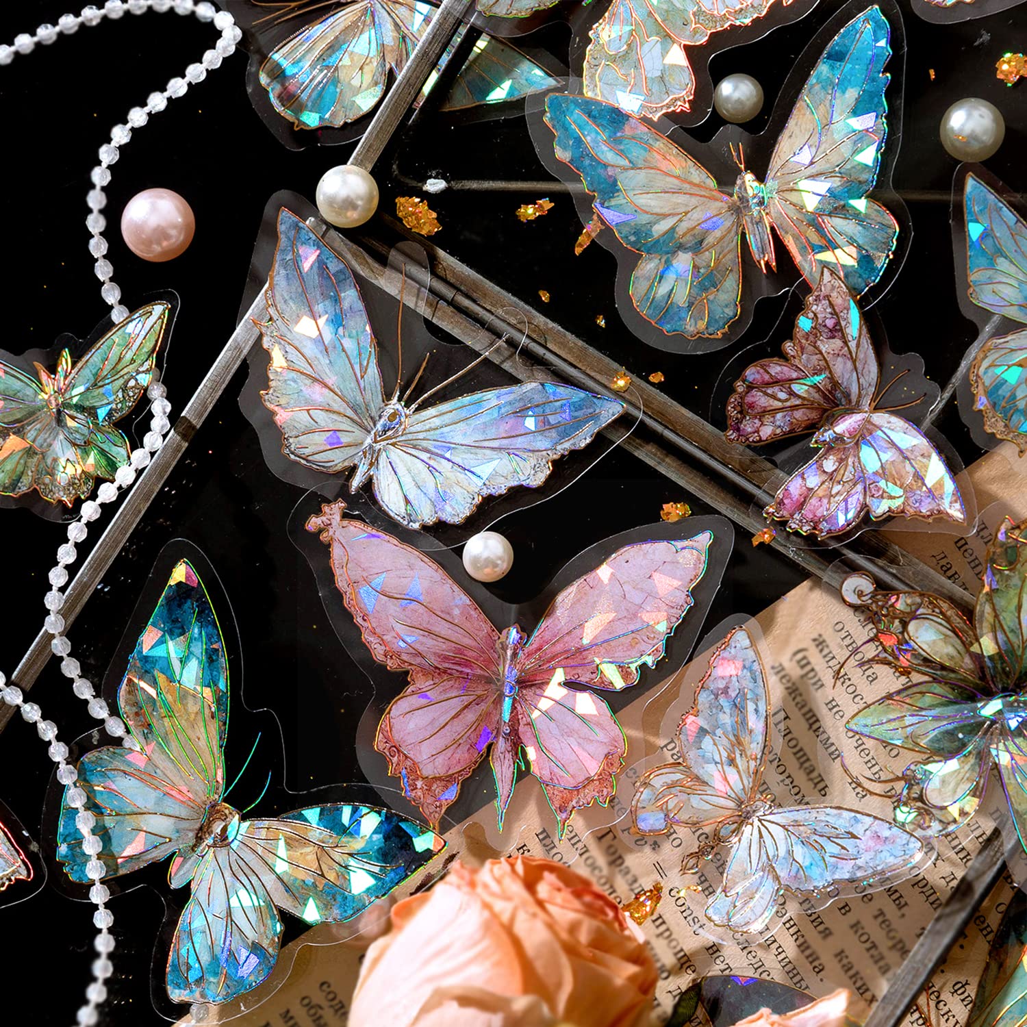 HASTHIP Butterfly Stickers Set - Ice Crystals Holographic Shiny Transparent Resin Waterproof Stickers Decals for Scrapbooking Supplies Bullet Journals Daily Planner Laptop (80 Pieces with 4 Themes)