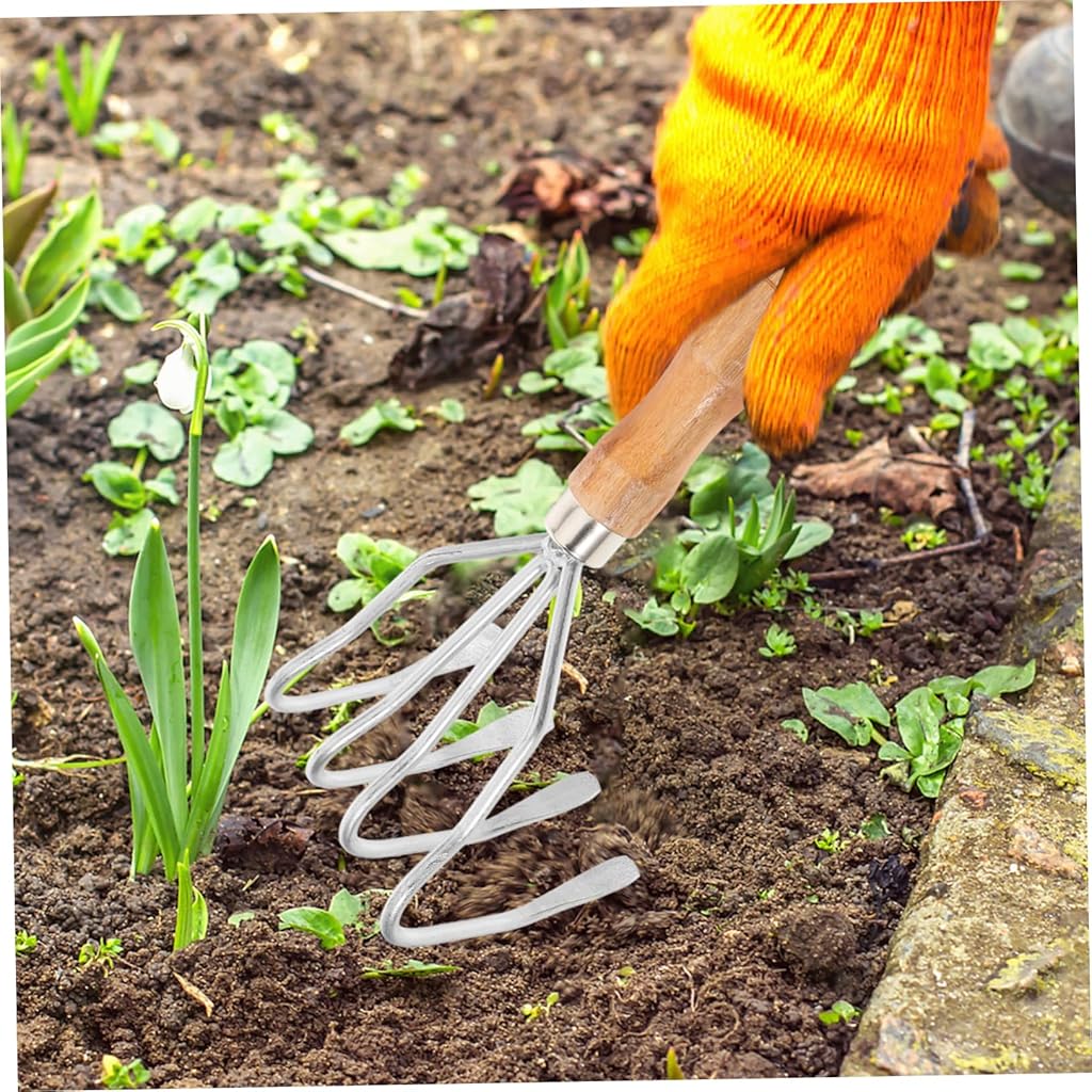 HASTHIP® Gardening Rake Stainless Steel Gardening Rake with Wooden Handle 10.6 Inch Lawn Portable Tool for Lawn,Soil,and Garden Bed Maintenance