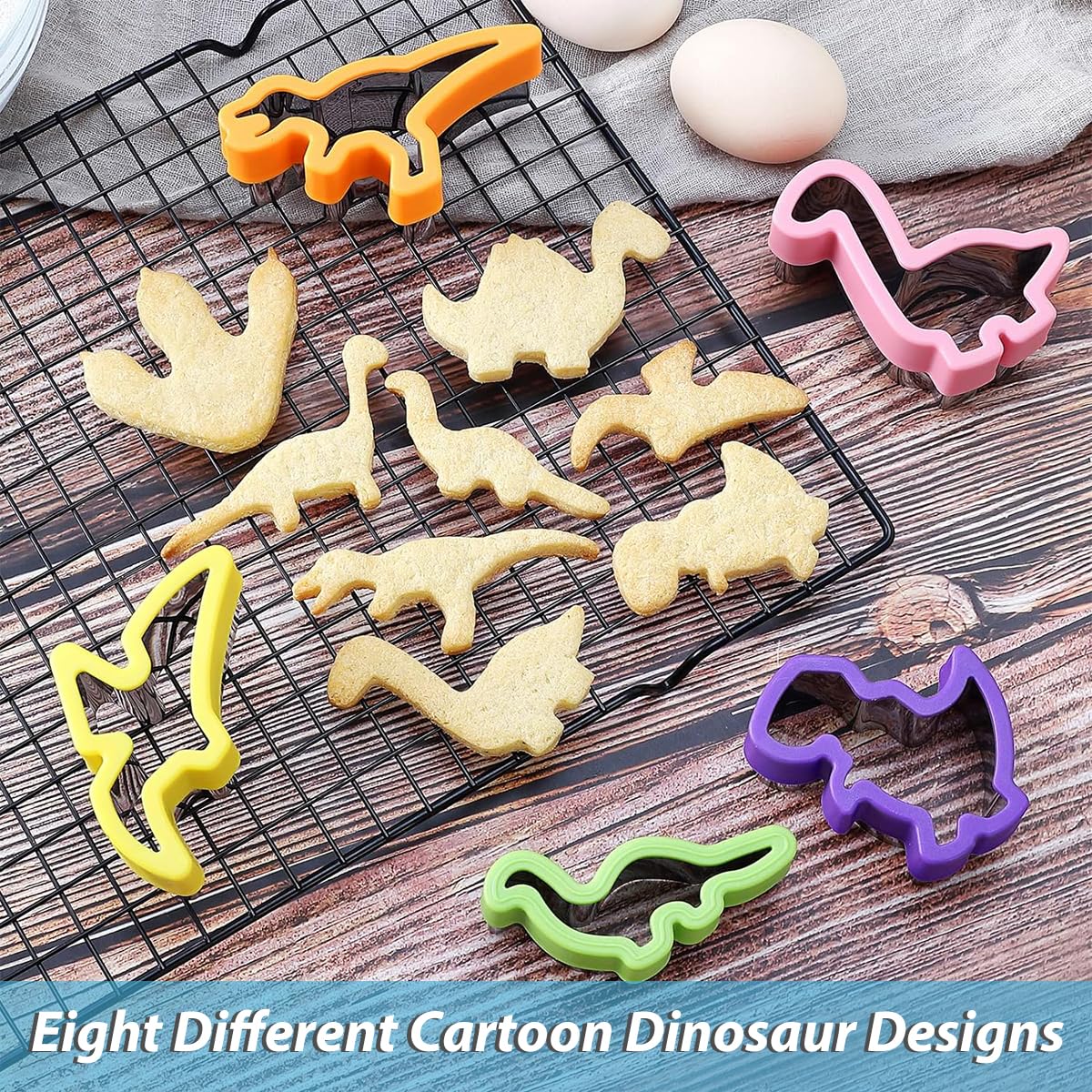 HASTHIP 8Pcs Dinosaur Cookie Cutters Set Stainless Steel Cookie Cutter Mold Fruit Slice Mold Cake Molds for DIY, Kitchen, Baking, Kids Dinosaur Theme Birthday Party Supplies Favors