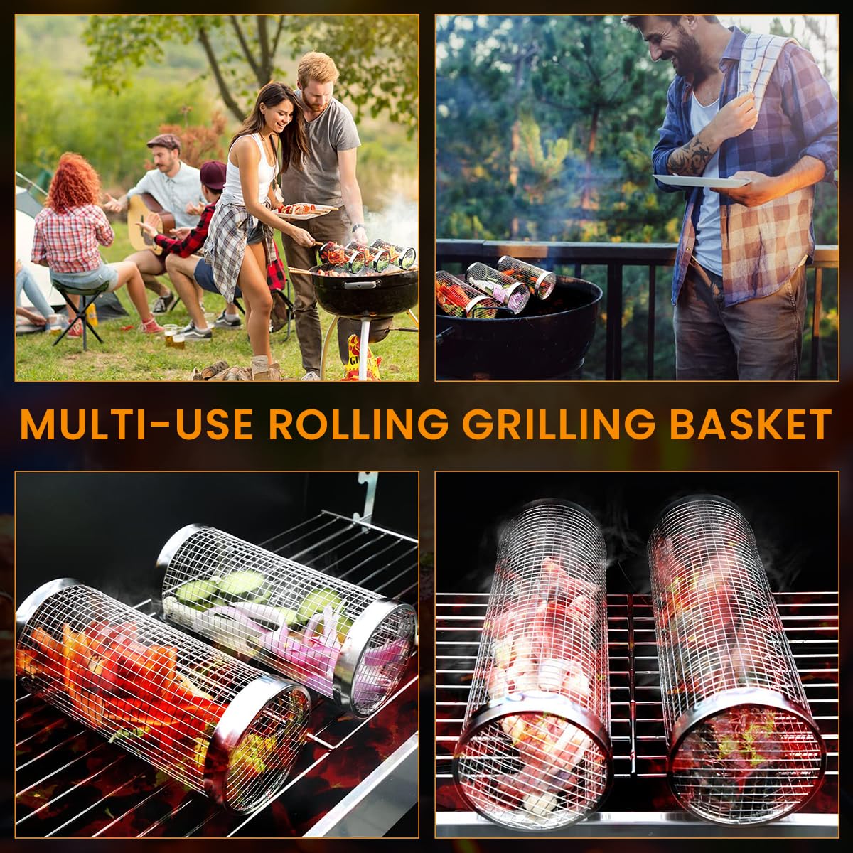 Proberos Grill Basket BBQ Grill Basket Kit 304 Stainless Steel Grilling Basket 11.8 Inches Grilling Tube with Barbecue Fork and Lifting Hook Grill Basket