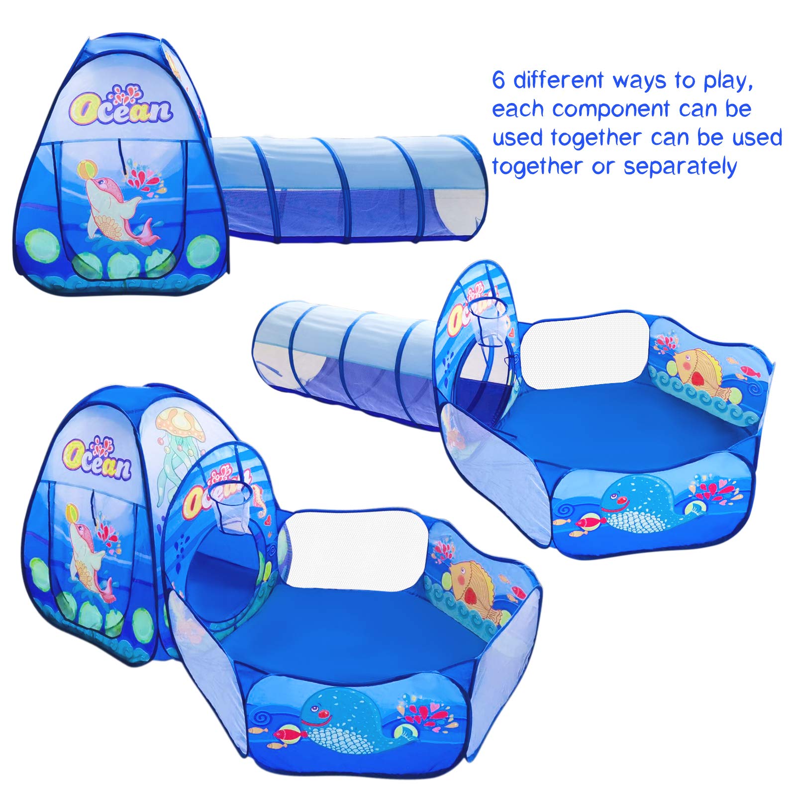 ELEPHANTBOAT 3 in 1 Ball Pool for Kids,Ocean Theme Kids Play Tent House with Tunnel,Play House Indoor and Outdoor Toys,Gifts for Kids,Boys and Girls,Note Balls Not Included