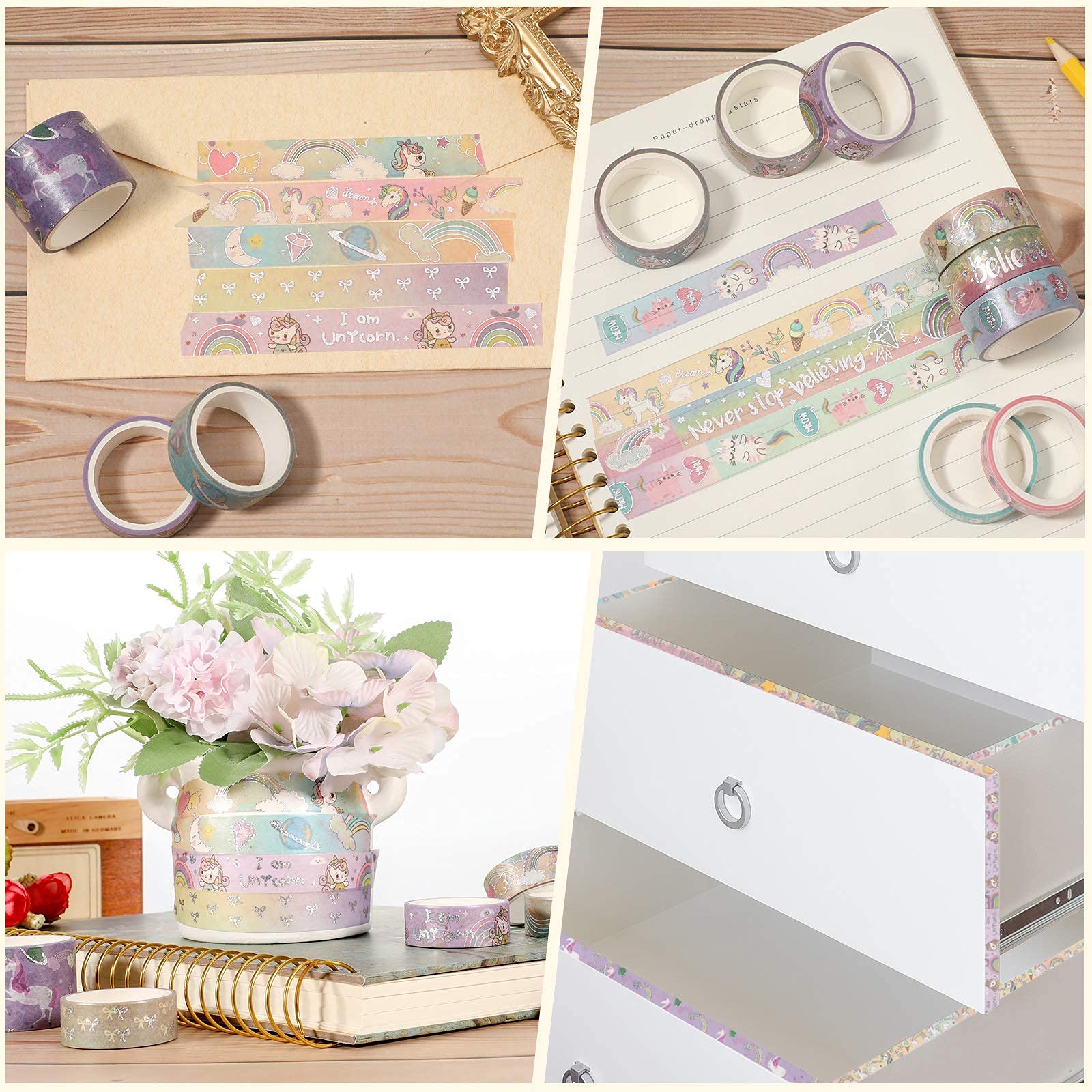 HASTHIP 10 Rolls Unicorn Washi Tape Glitter Unicorn Pattern Washi Tape Decorative Adhesive Tape for DIY ,Beautify Bullet Journals,Planners