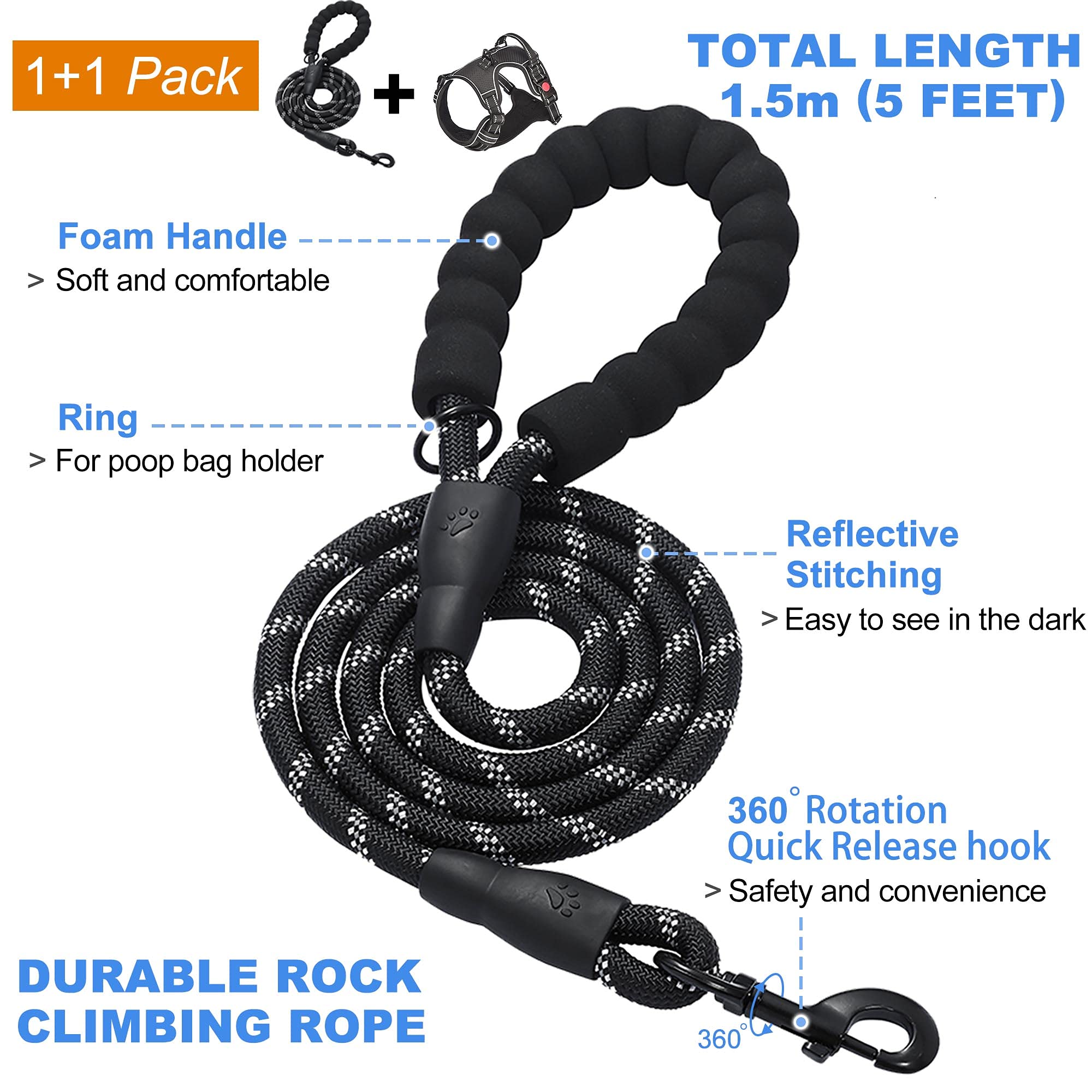 Qpets Dog Vest Dog Harness for Large Dog with 1.5m Dog Leash Dog Harness with Pulls Handle for Guide Dog, Large Dog, Adjustable Dog Vest Harness with Quick Release Buckle (Suitable 32.5-50kg)
