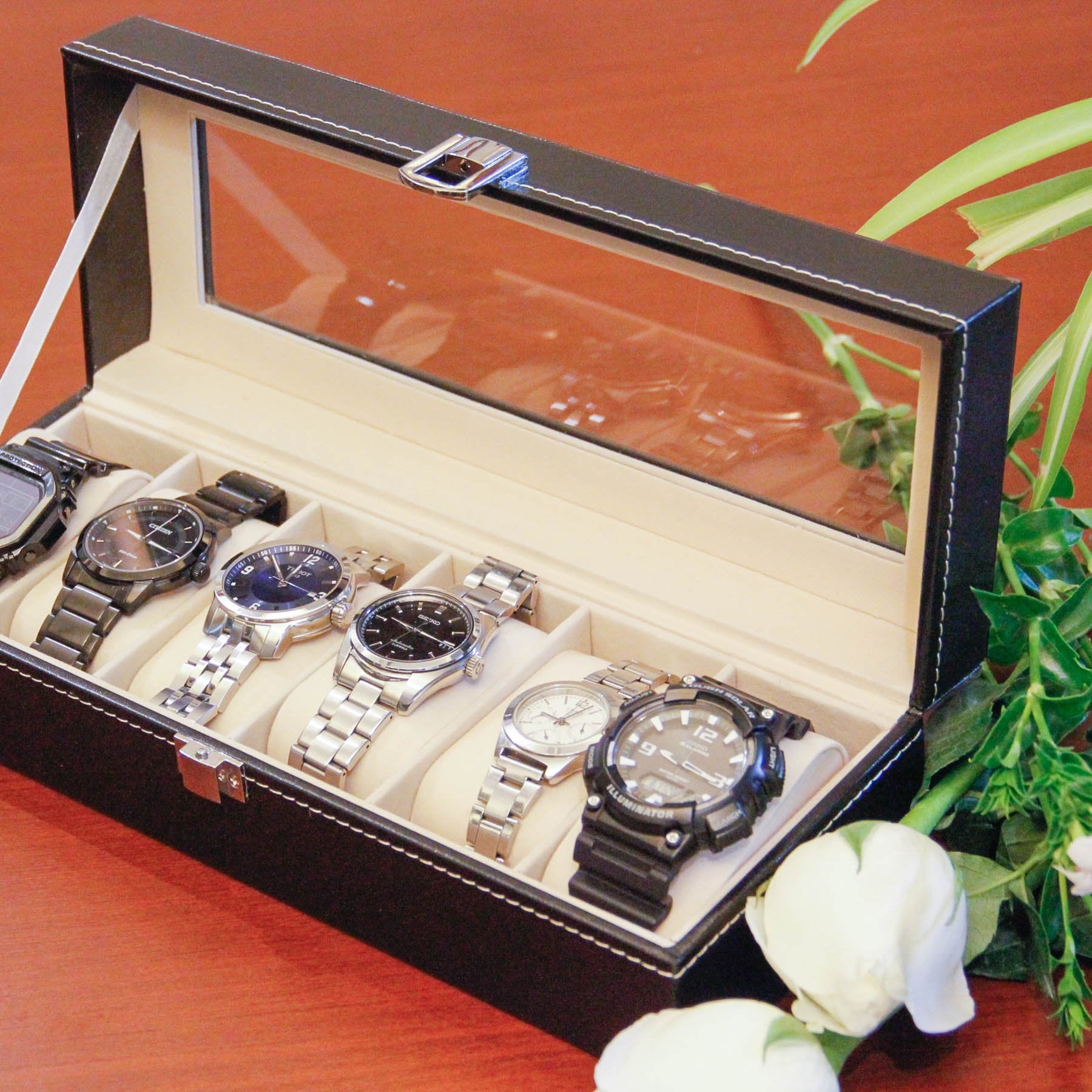 HASTHIP Watch Box 6 Slots, Leather Watch Storage Box with Lock & Transparent Window, Watch Case Black Watch Box - Pu Material Waterproof (No Watch)