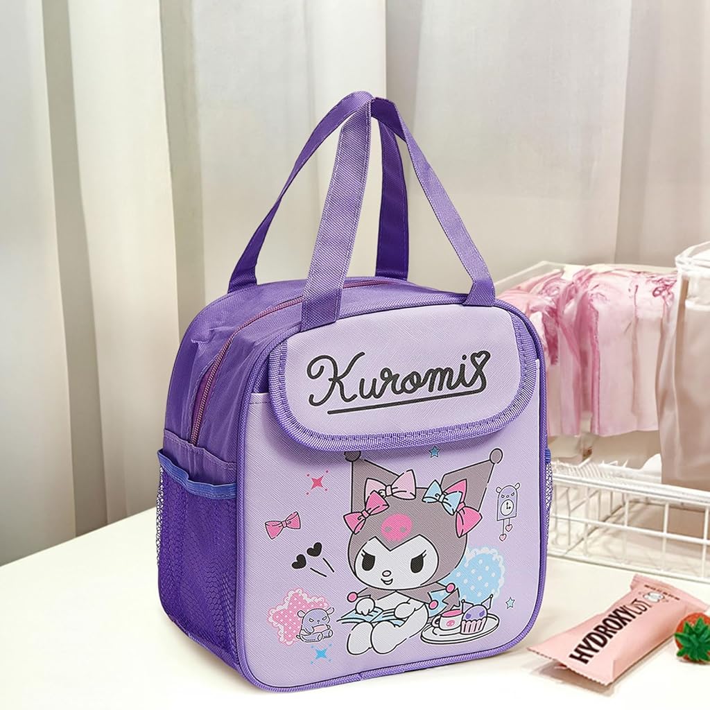 HANNEA® Insulated Lunch Bag Kawaii Cartoon Kuromi Lunch Box Bag Handbag Bento Bag School Lunch Bag for Girls Picknic Food Bag, 20x13.5x23cm