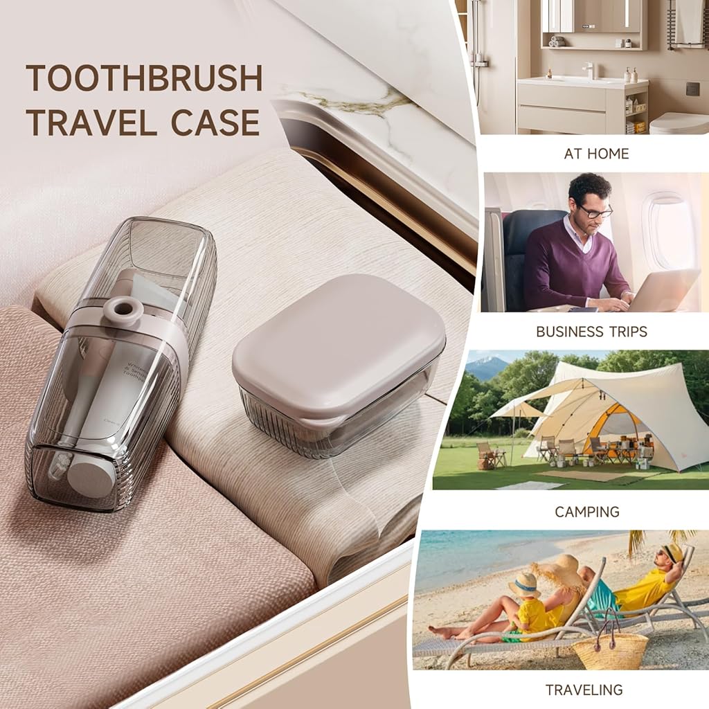 HASTHIP® Toothbrush Travel Case, 2 in 1 Tooth Brush Holder and Rinse Cup, Large Capacity Toothbrush Cup with Cover for Traveling, Camping, Trip - Beige & Clear