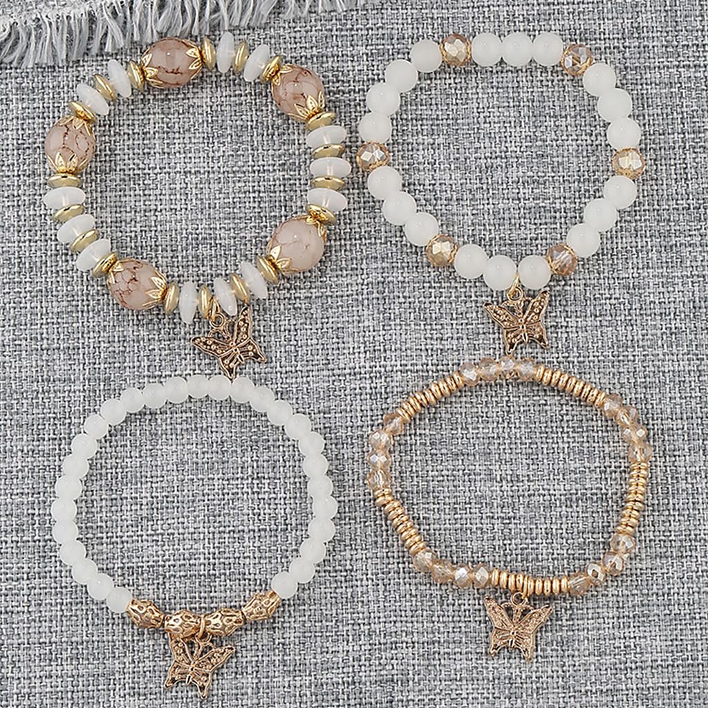 SANNIDHI 4Pcs Bohemian Butterfly Layered Bracelet Crystal Bracelet Stretchy Golden Beaded Bracelet Butterfly Bracelets for Women Girls Beaded Fashion Layered Beaded Bracelet Jewelry Gift for Girls