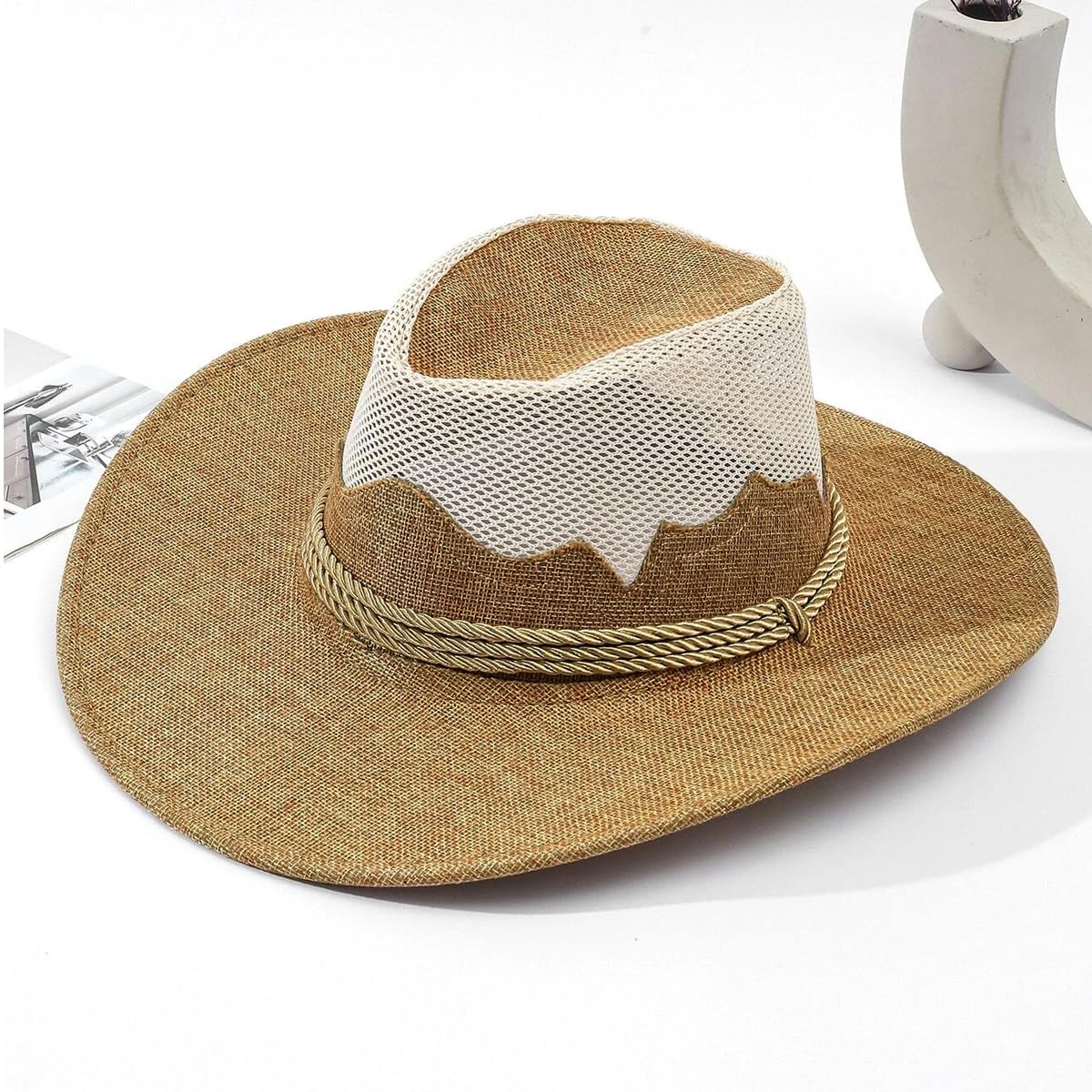 GUSTAVE Cowboy Hats for Men, Breathable Woven Flax Sun Hat, Wide Brim Sun Protection, Fashionable Summer & Hiking Hat with Secure Chin Strap, Classic Western Style, Khaki