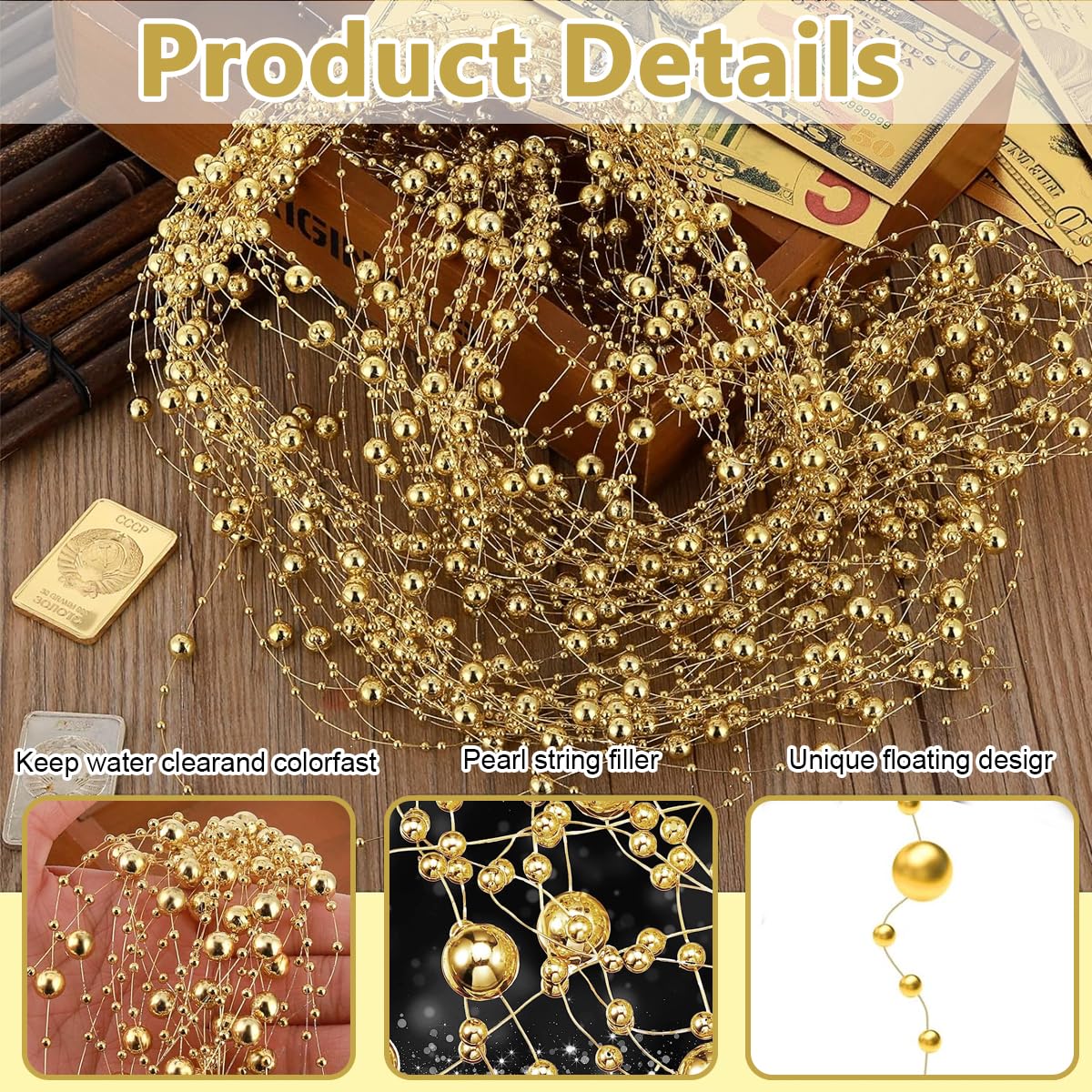 HASTHIP 25Pcs Pearl String for Floating Candles Centerpiece, Faux Pearl Beads Vase Filler for Wedding Table Décor, Gold