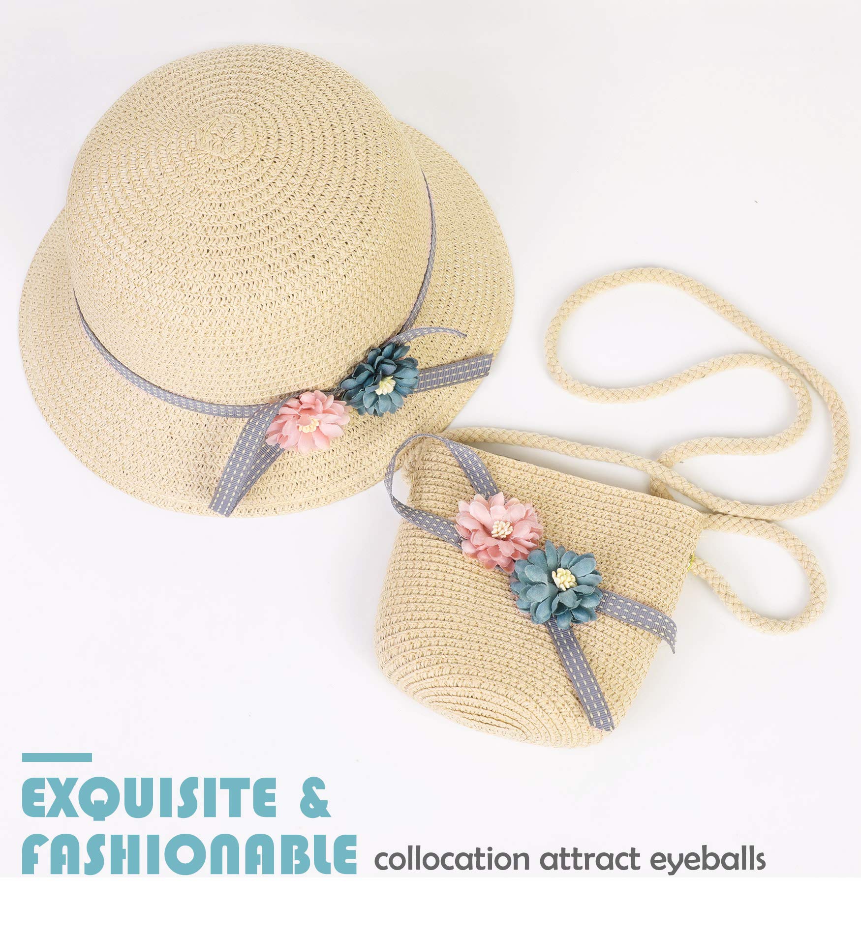 PALAY Summer Straw Hats for Girls 4-6 Year-Old Kids Flowers Straw Cap Beach Sun Hat Tea Party Hat Purse Holiday Travel Outdoor Beige