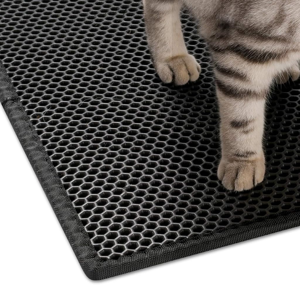 Qpets Cat Litter Mat, 22.8 * 17.3 inch, Litter Mat Double Layer Open Edge Design, Waterproof EVA Material, Durable and Washable, Cat Litter Box, cat Litter Tray (Black)