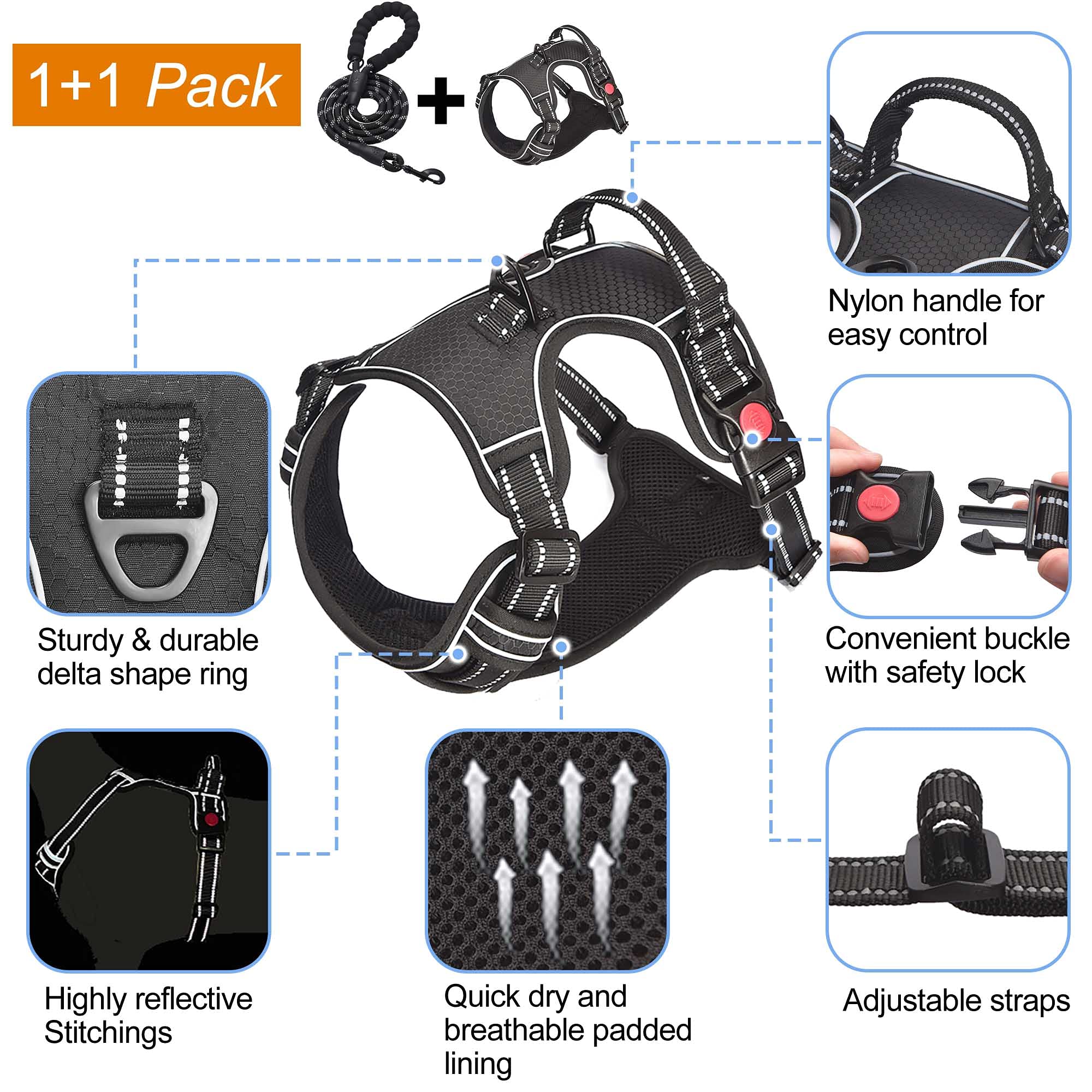 Qpets Dog Vest Dog Harness for Large Dog with 1.5m Dog Leash Dog Harness with Pulls Handle for Guide Dog, Large Dog, Adjustable Dog Vest Harness with Quick Release Buckle (Suitable 32.5-50kg)