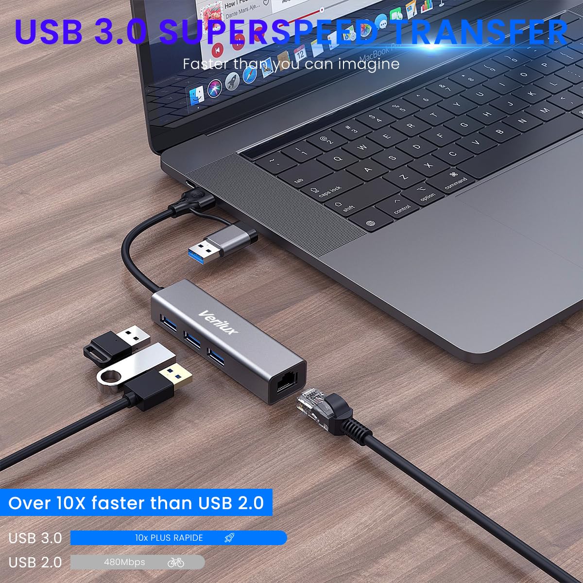 ZORBES USB HUB 3.0 for PC, 4 in 1 Type C HUB with 1 USB 3.0, 2 USB 2.0 & 100Mbps Ethernet Port,Type C USB Ethernet Adapter for Laptop LAN Connetor Support Windows,Chromebook,Mac,Linux