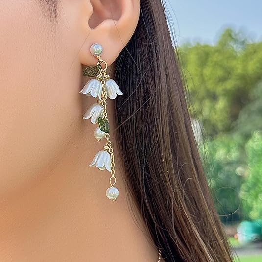 SANNIDHI® 1 Pair Drop Earrings for Women Girls Dangle Earring White Lily of the Valley Pendent Charm 2.95 inch Tassel Floral Elegance Drop Earrings Women Jewelry Gift