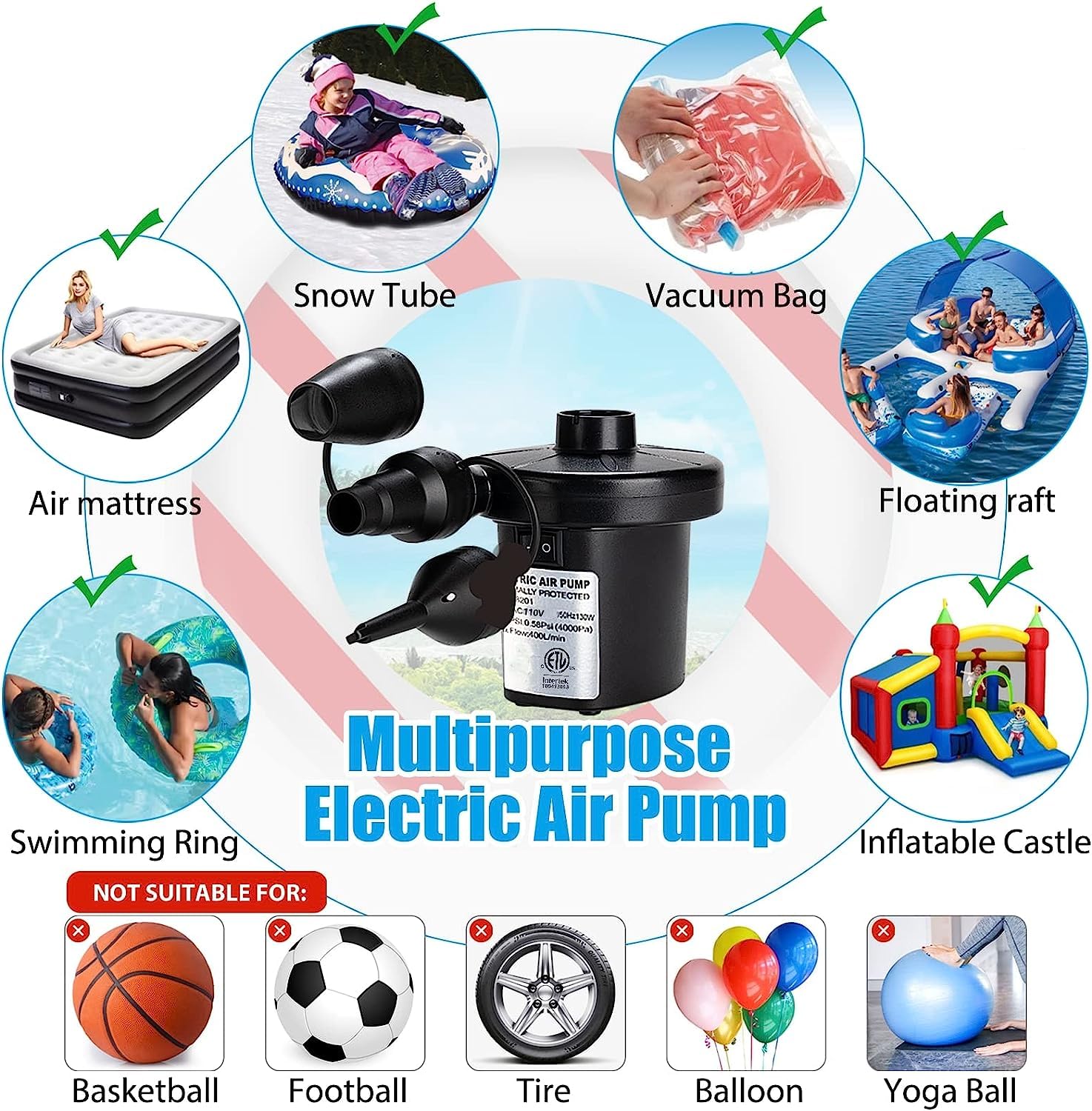 Serplex 2 in 1 Electric Air Pump for Car and Home, Portable Quick-Fill Air Pump with 3 Nozzles, Quick-Fill Inflator/Deflator Pumps for Outdoor Camping, Inflatable Cushions, Air Mattress Beds, Boats