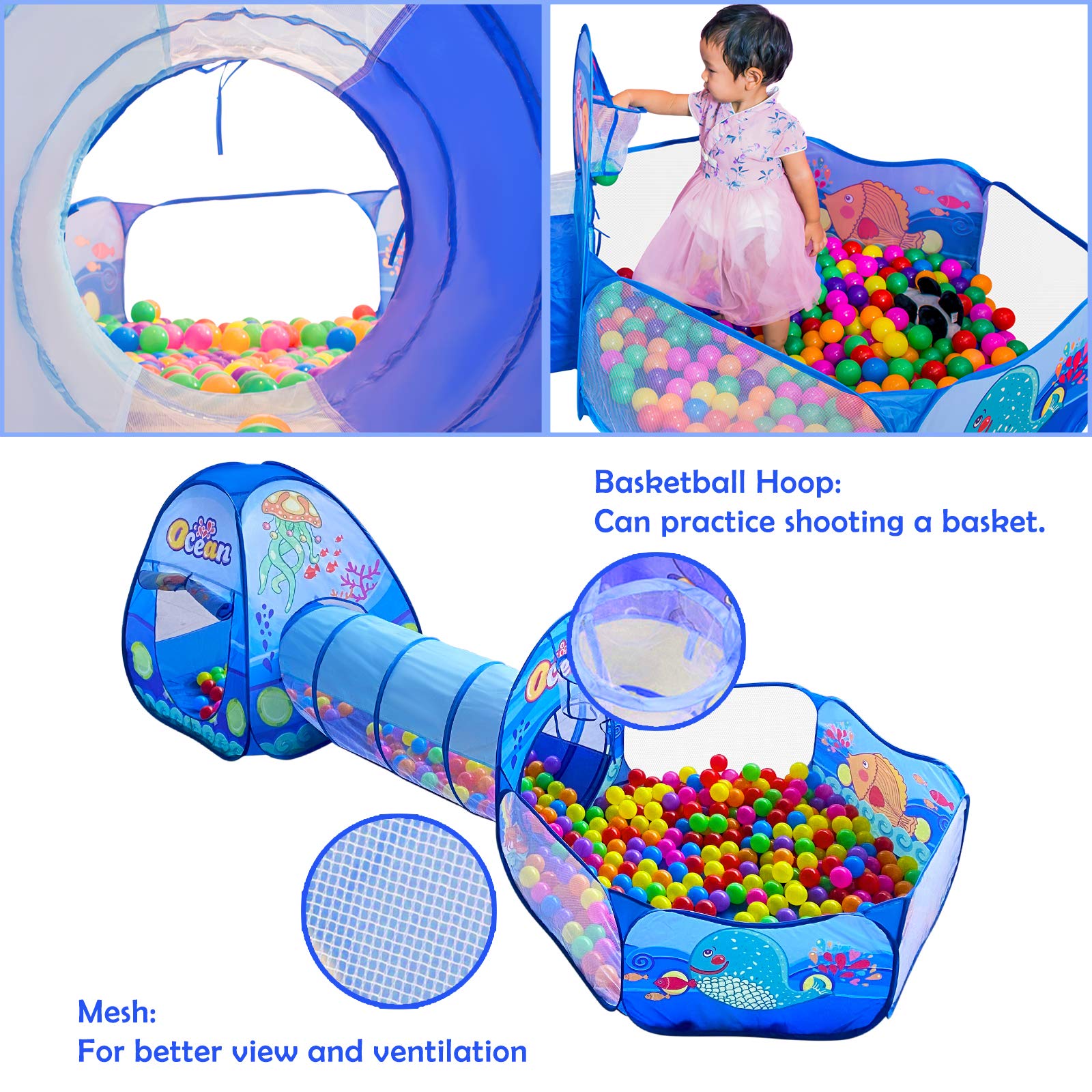 ELEPHANTBOAT 3 in 1 Ball Pool for Kids,Ocean Theme Kids Play Tent House with Tunnel,Play House Indoor and Outdoor Toys,Gifts for Kids,Boys and Girls,Note Balls Not Included