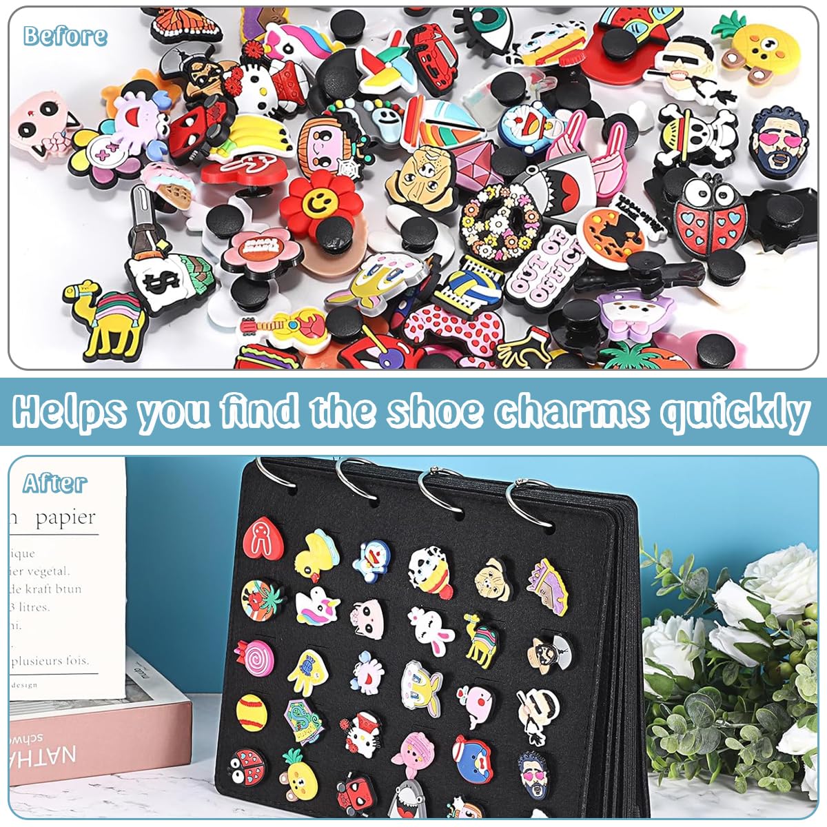 MAYCREATE Felt Organizer Album 120Pcs Shoe Charms Organizer Croc Shoe Charms Collection Album with Elastic Strap Closure Brooch Pin Organizer Binder, 26x21.3cm, Black