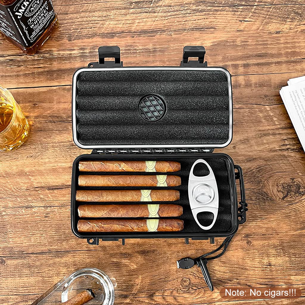GUSTAVE Cigar Humidor Case, Portable Travel Cigar Box with Humidifier Disc & Cigar Cutter, Waterproof Airtight Cigar Case with Handstrap (Holds up to 5 Cigars)
