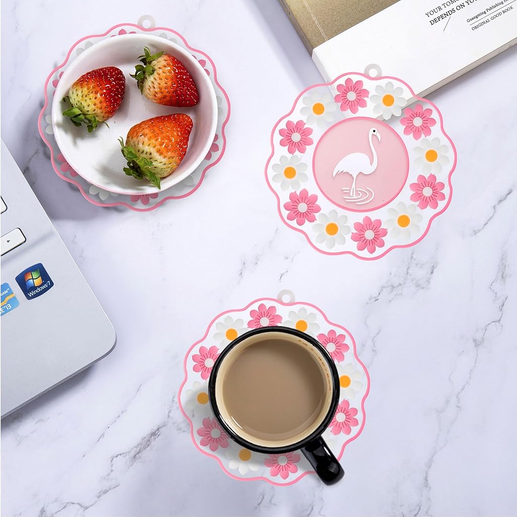 ZIBUYU® Coaster Set for 3PC,PVC Floral Heat Resistant Mats for Dining Table,Waterproof Anti-Slip Big Pans Casserole Bowl Cup/Thickening Kitchen Table Protectors Pad (10Cm+15Cm+20Cm Dia)