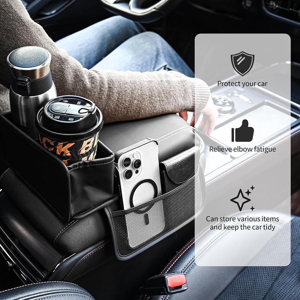 STHIRA® Car Armrest for Center Console Memory Foam Padded Car Armrest Multifunctional Car Armrest Organizer with Dual Cup Holder & Side Mesh Pockets Hook and Loop Closure Car Armrest