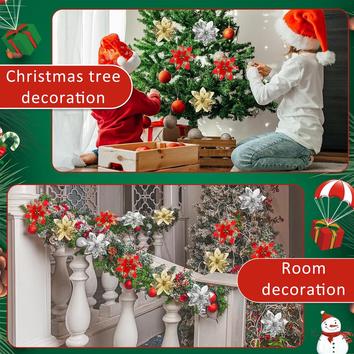 HASTHIP 12Pcs Christmas Poinsettias 5.5 inches Glittering Artificial Poinsettias 4-Designs Golden and Red Christmas Poinsettias Christmas Poinsettias Flowers Christmas Home Decor