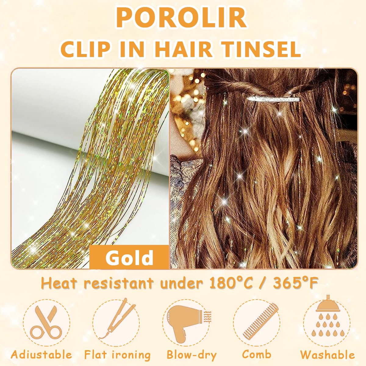 MAYCREATE 6pcs Hair Tinsel Extensions, Brown Glitter Tinsel Strands, 20.5 inch Clip-on Shiny Tinsel Hair Extension, Heat Resistant Fairy Hair Glitter Kit for Women Girls Halloween Cosplay Party