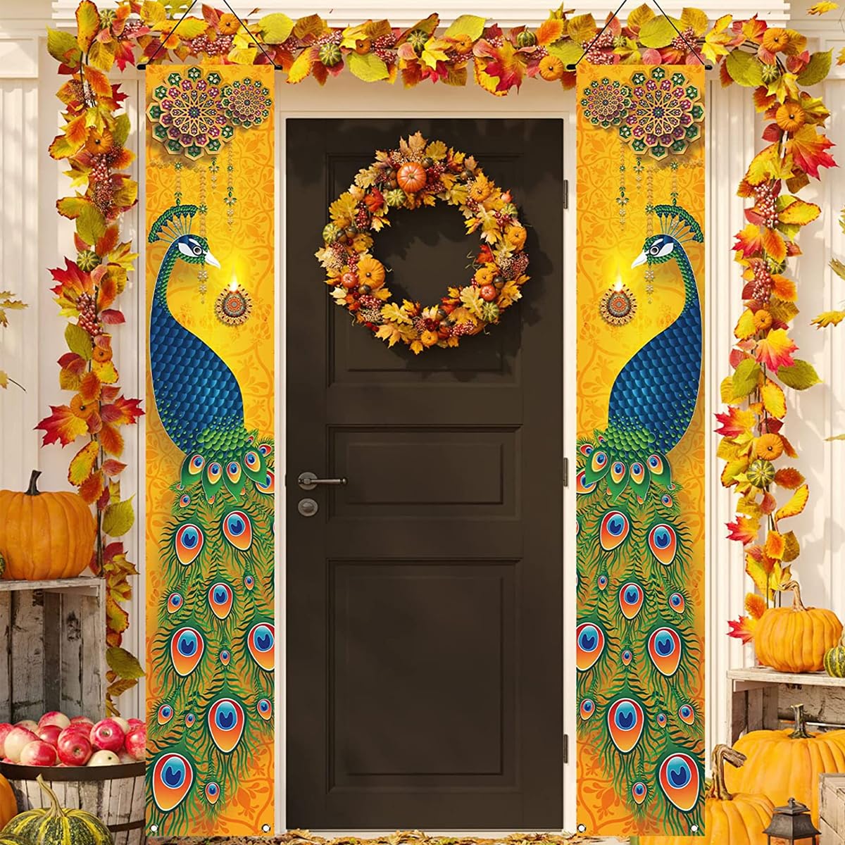 HASTHIP 1 Pair Happy Diwali Hanging Banner Porch Sign Decorations, Deepavali Indian Festival of Lights Peacock Indian Holiday Party Front Door Wall Hanging Banner Decoration, 12×71''