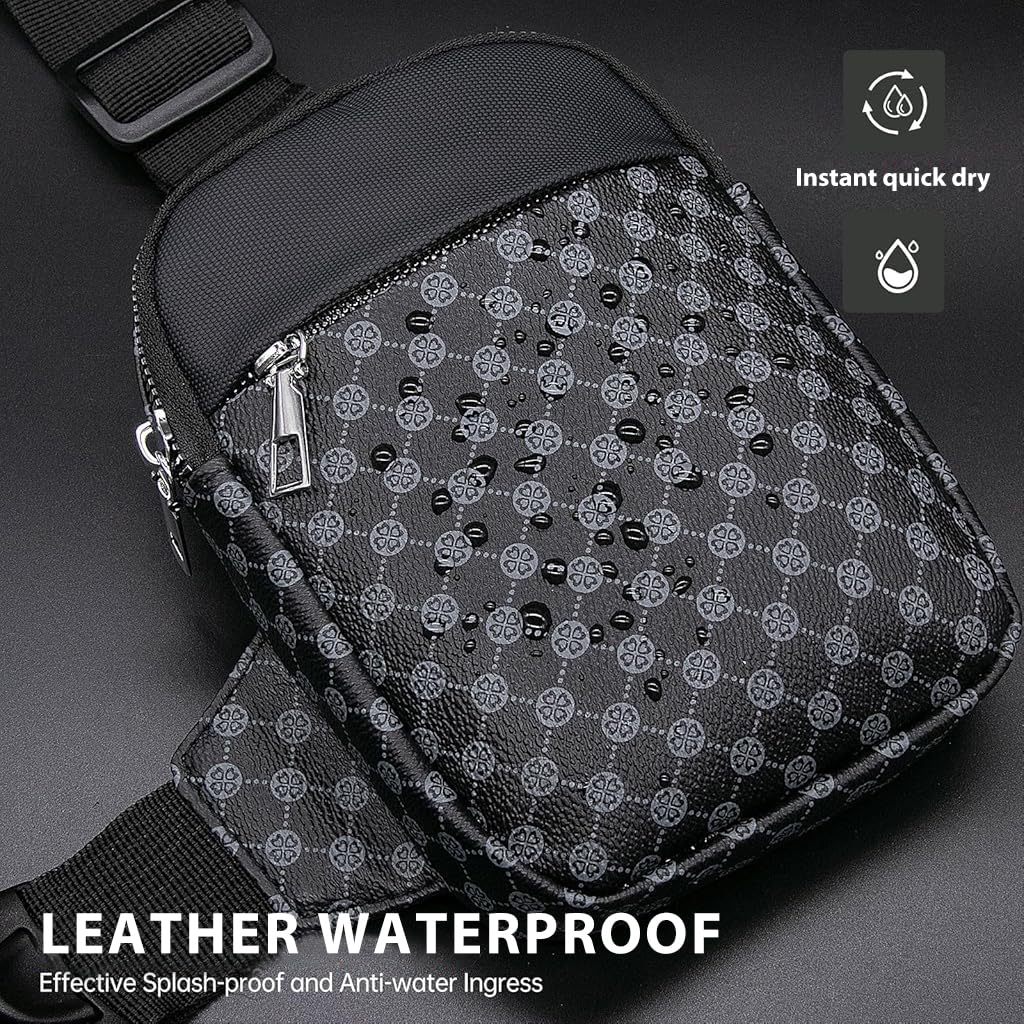 GUSTAVE Small Chest Bag Men's Phone Sling Bag Casual Crossbody Bag Double Layer Fashion Print PU Leather Chest Bag Shoulder Bag Crossbody Phone Bag Travel Phone Bag, 13x5x19cm