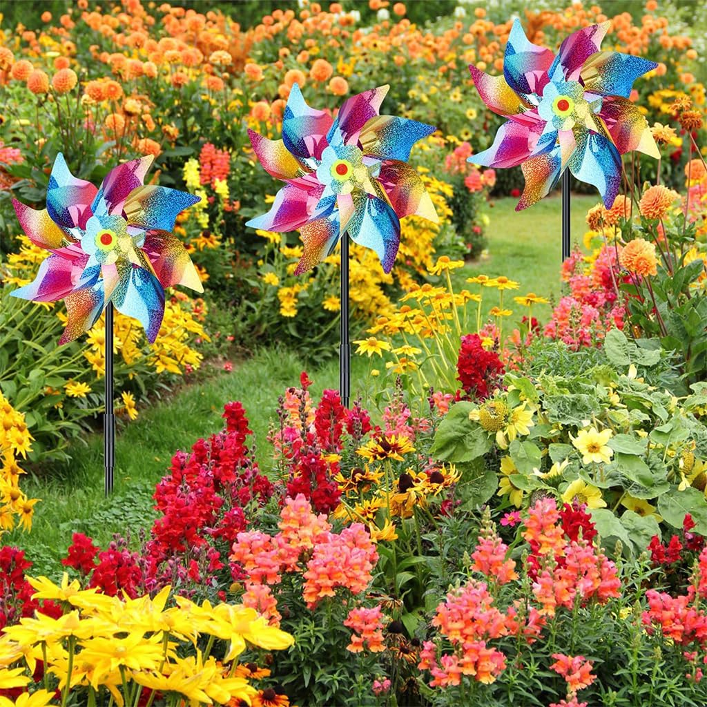 HASTHIP 5Pcs Bird Repellent for Balcony, Colorful Reflective Pinwheels Pigeon Scarer, Ornamental 8-blade Windmill Anti Bird Device for Roof Edge, Fence, Garden Yard Lawn