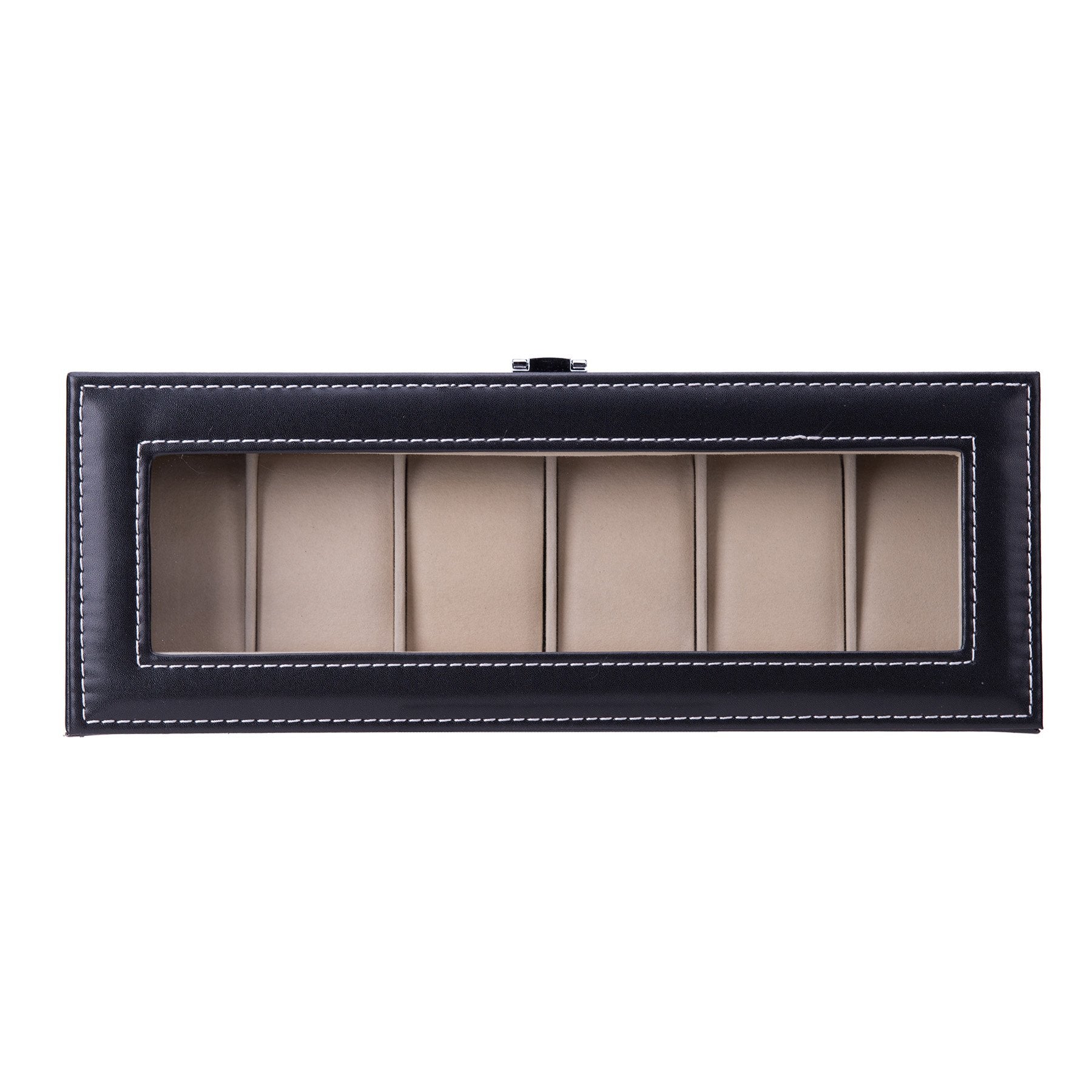 HASTHIP Watch Box 6 Slots, Leather Watch Storage Box with Lock & Transparent Window, Watch Case Black Watch Box - Pu Material Waterproof (No Watch)
