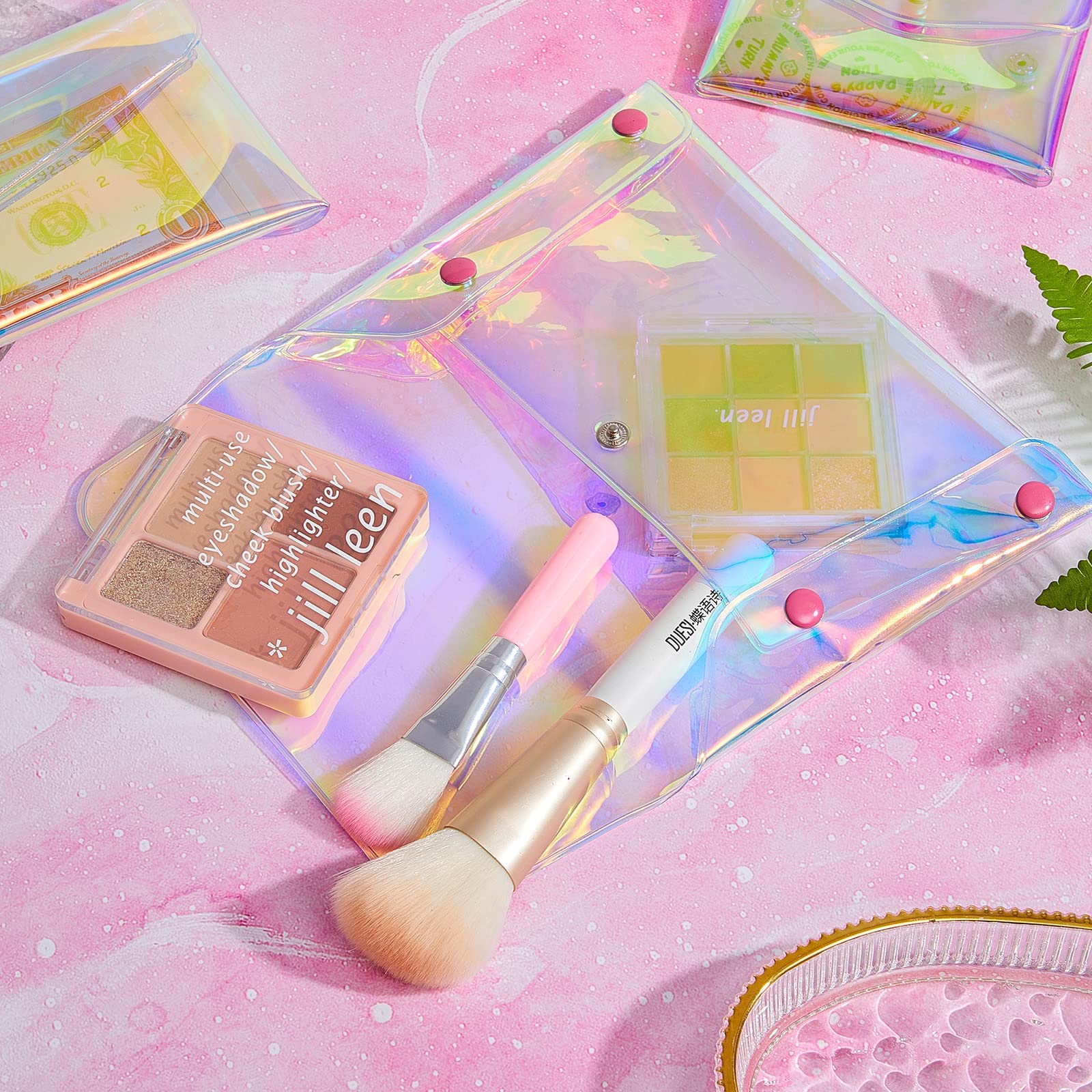 MAYCREATE 3 Pack Holographic Pouch Clear Makeup Bag Coin Purse Pencil Pouches, Iridescent Cosmetic Storage Bag Jewelry Accessories Organizer for Girls Women Kids - Snap Button, Mix Sizes