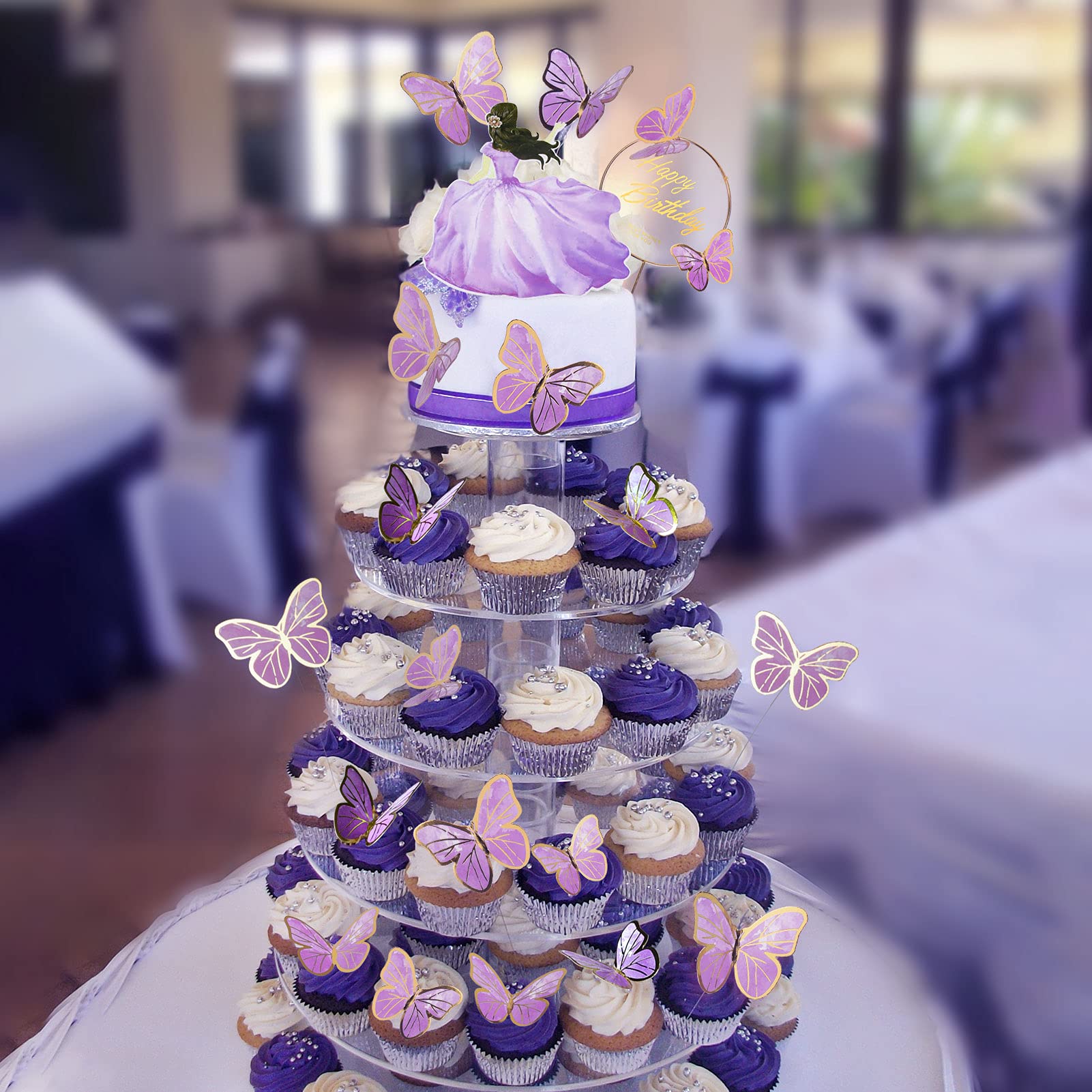 HASTHIP 56Pcs Set Butterfly Cake Decorations with Happy Birthday Cake Toppers for Girls Birthday, Party Decor Cute Cake Decoration Items (Purple)