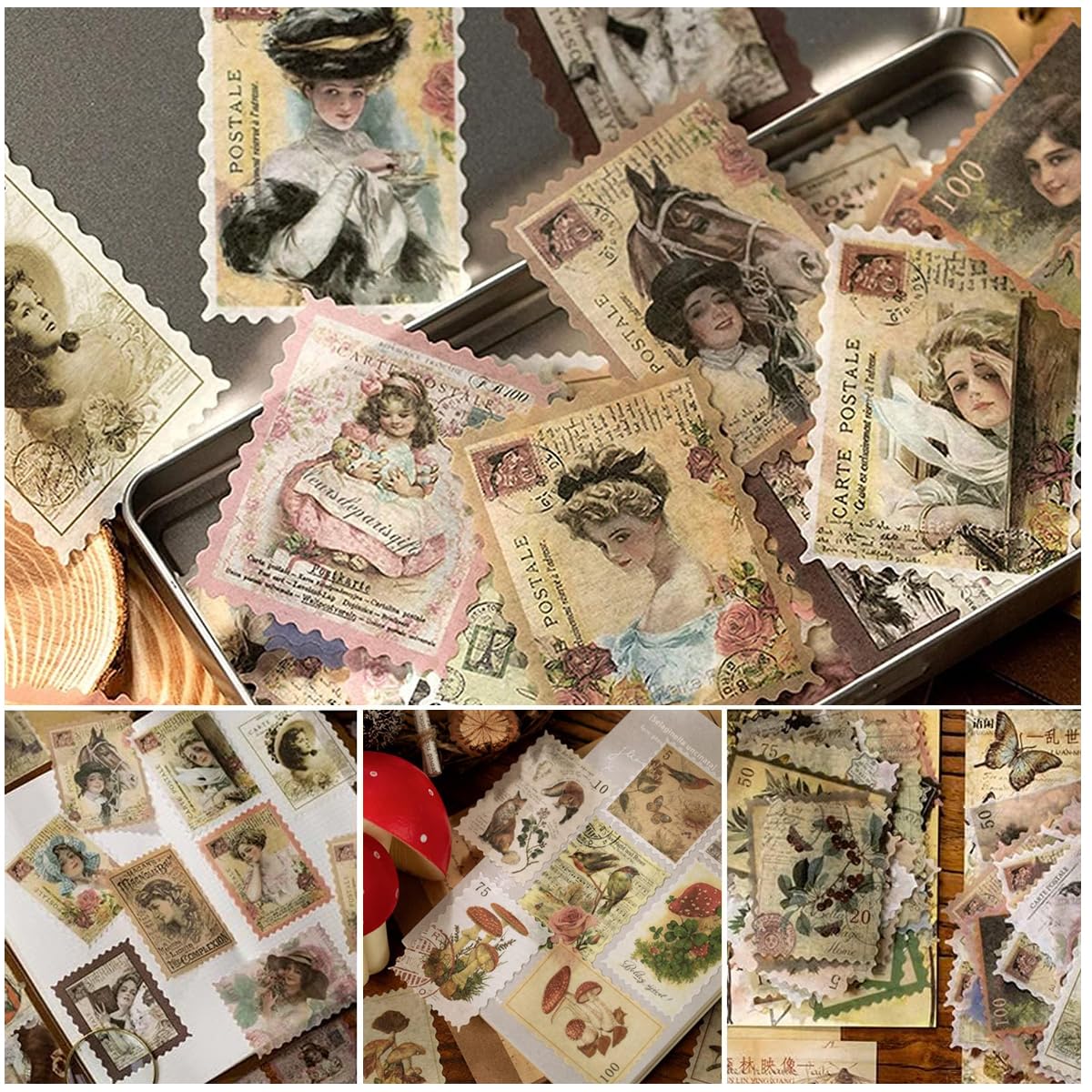 HASTHIP 240Pcs Vintage Postage Stamp Stickers, 120 Designs Aesthetic Botanical Deco Paper Sticker for Scrapbooking, Journaling Supplies, Planners, Kid DIY Art Crafts, Bullet Journal