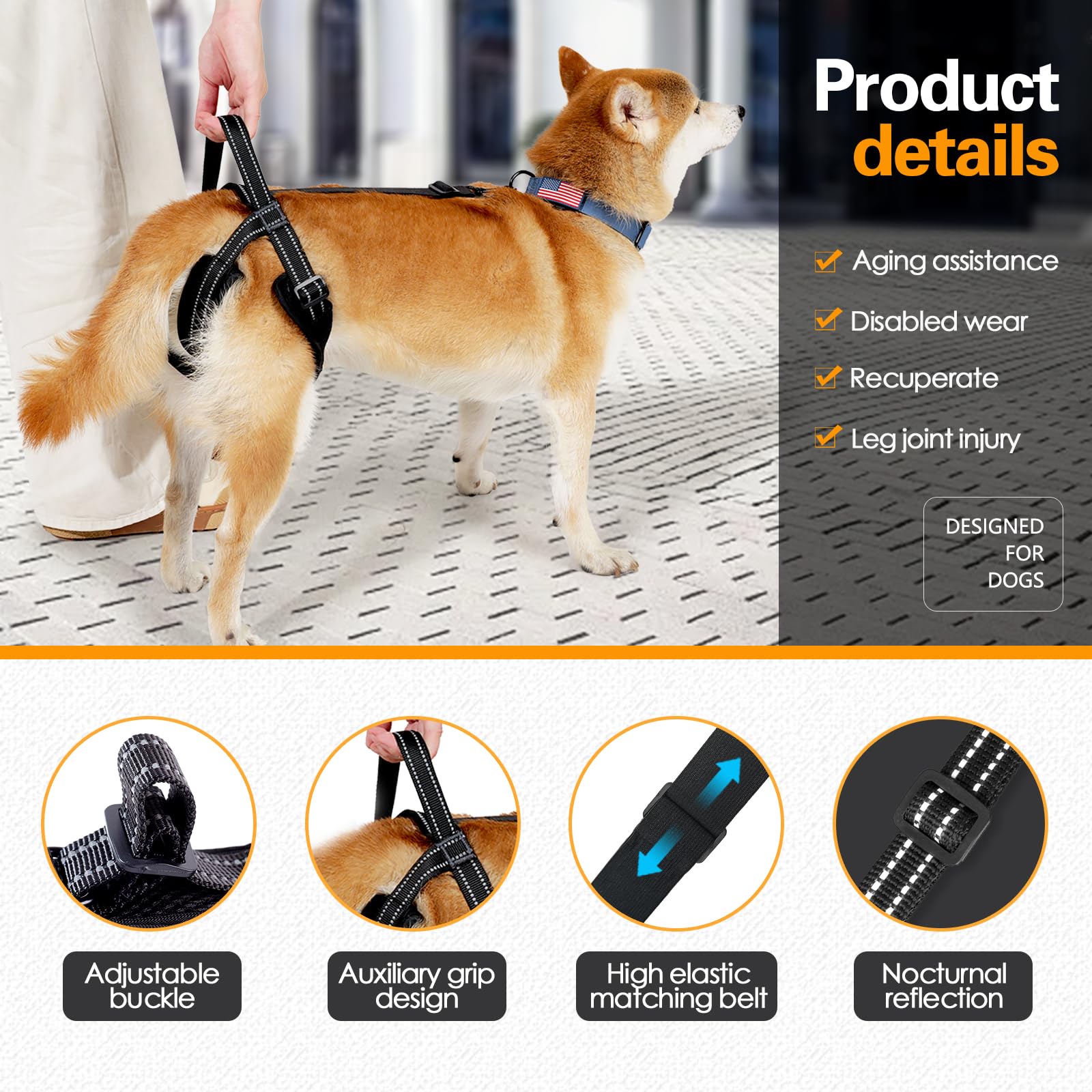 Qpets Dog Lift Harness Rear Leg Use Lifting Harness for Dog Rear Legs Support Adjustable Length and Size Rear Legs Walking Assistant Dog Leg Support for Aging Dog, Disabled, Injured Dog(Size, M)