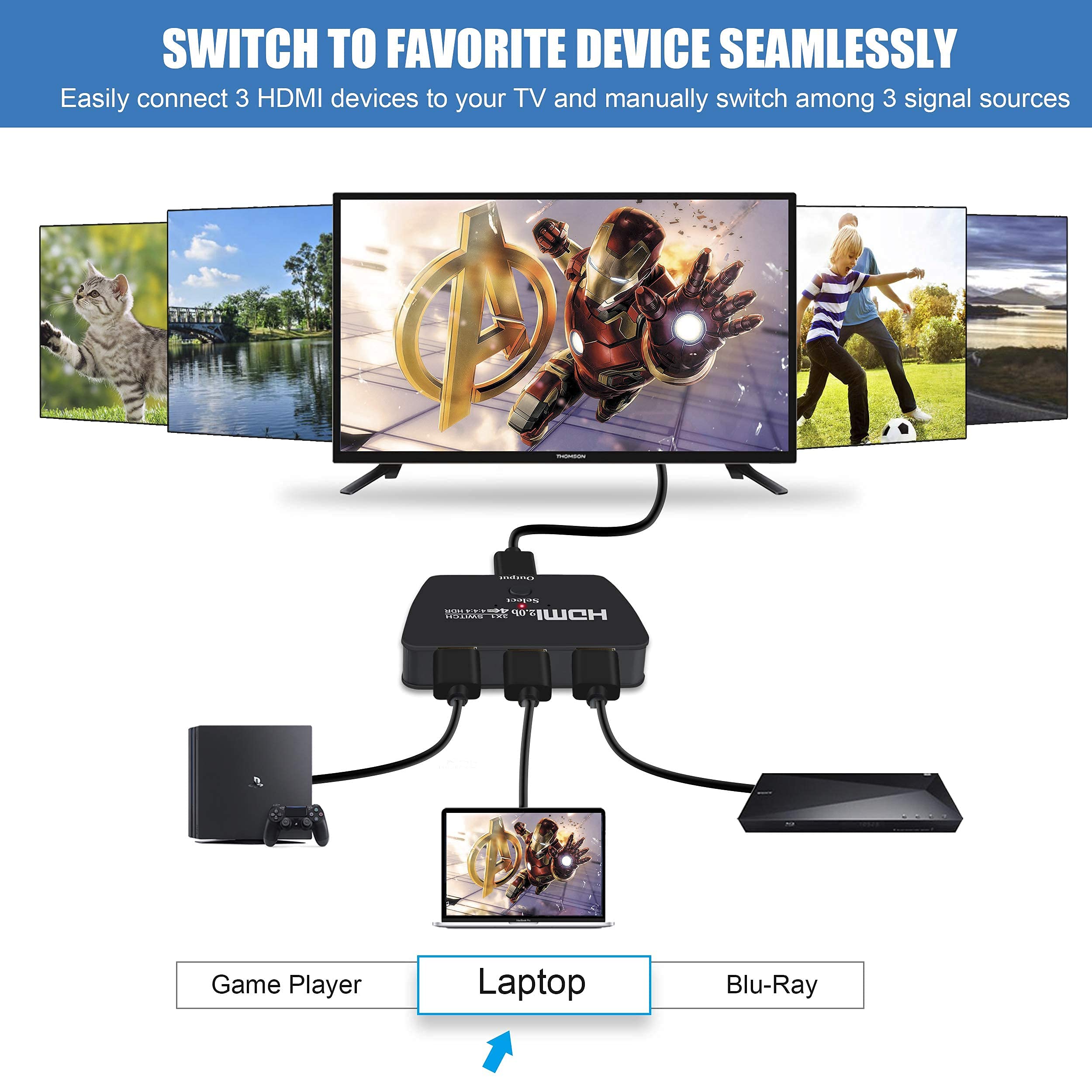 Verilux 4K@60Hz HDMI Switch,4K 60hz HDMI Splitter,Support HDCP2.2,HDR,1080P 3D,HDMI Switcher 3 in 1 Out for Fire Stick,PS5,Sky Box,X Box,Games Consoles,DVD,PC,Roku,fire Cube Etc