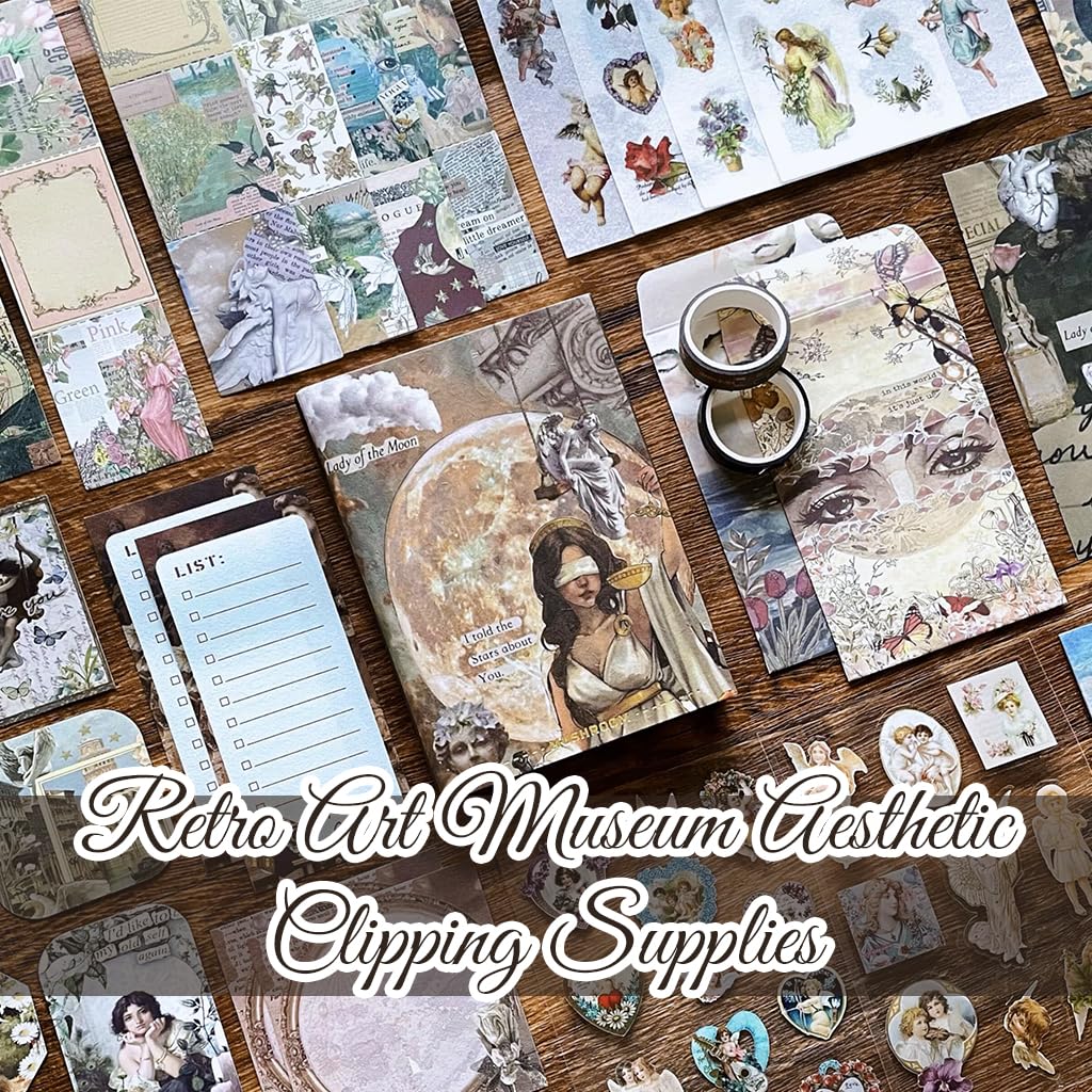 HASTHIP 232 Pcs Vintage Aesthetic Scrapbooking Supplies, Junk Journal Kits with Scrapbook Paper, Washi Stickers, A6 Grid Notebook, DIY Craft Journaling Gift for Teen Girl Adult (Star and Art Museum)
