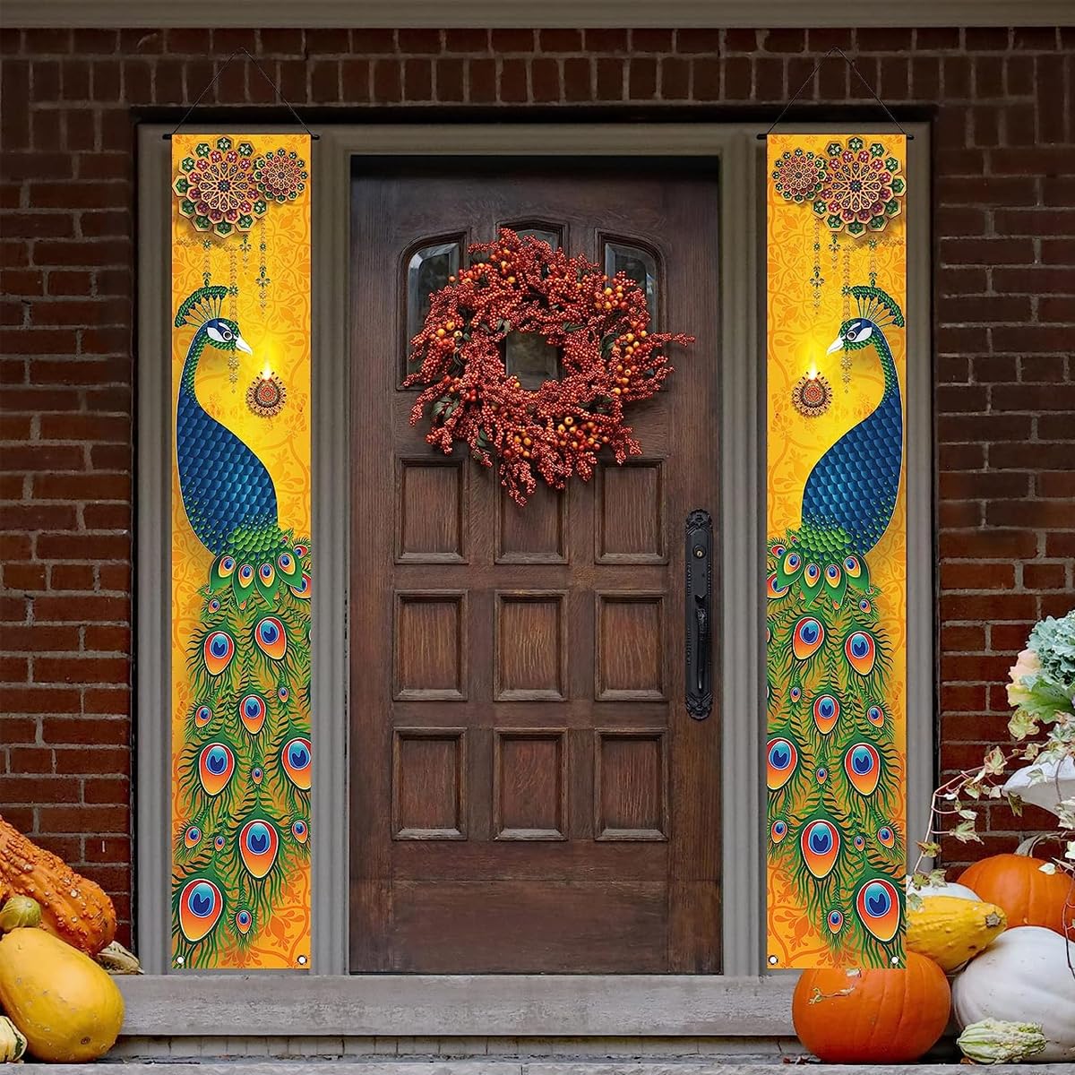 HASTHIP 1 Pair Happy Diwali Hanging Banner Porch Sign Decorations, Deepavali Indian Festival of Lights Peacock Indian Holiday Party Front Door Wall Hanging Banner Decoration, 12×71''