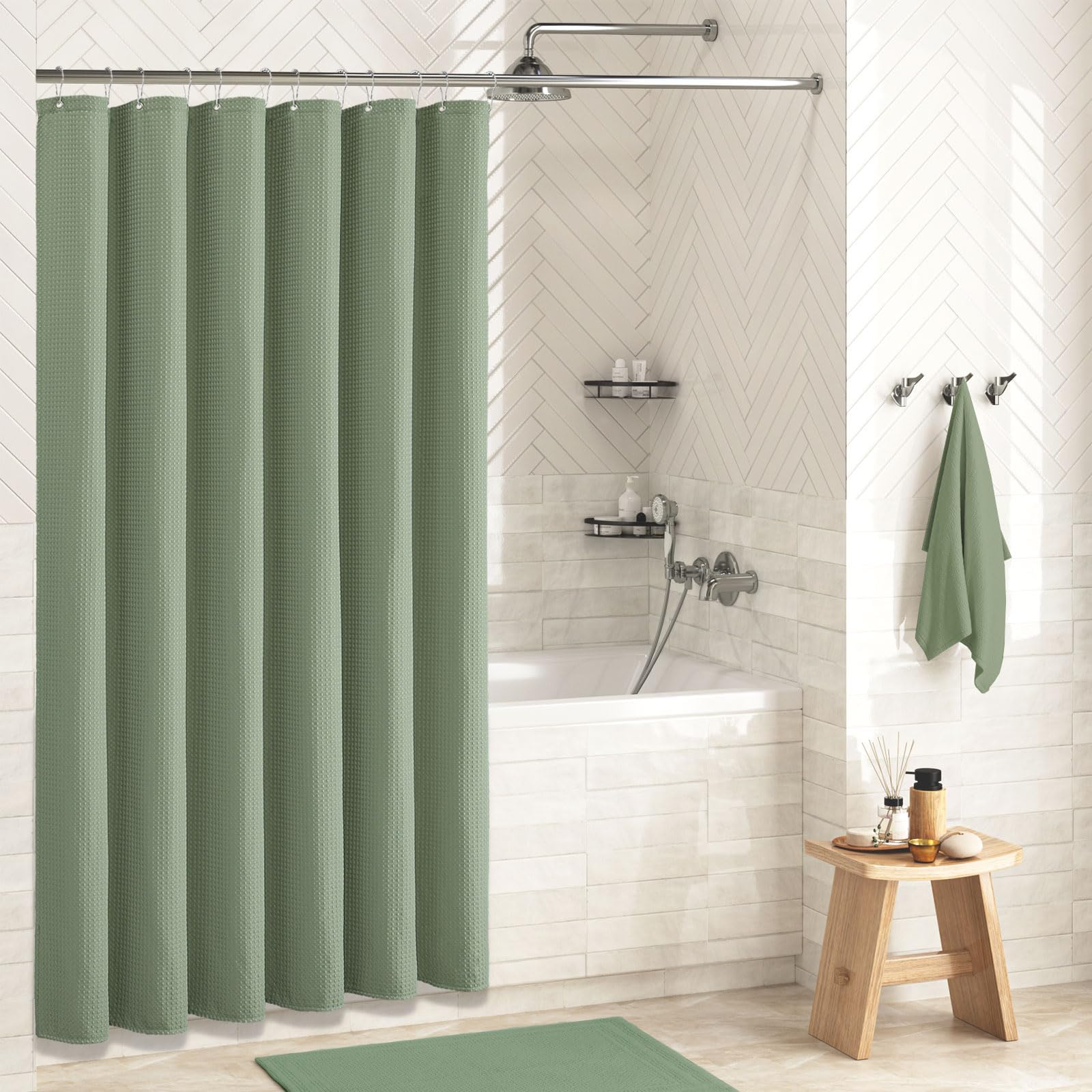 HASTHIP Fabric Shower Curtain Waterproof Polyester Double Sided Waffle Textured Green Shower Curtain with 12 Plastic Hooks Water Resistant Partition Liner for Washroom (Green 72''x72'')